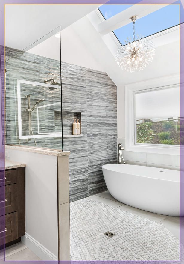 Modern bathroom with a freestanding tub, gray tiled shower wall, and skylight.