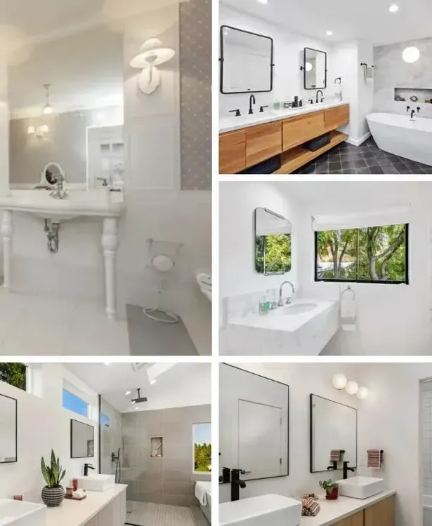 Collage of bright modern bathroom interiors with white fixtures, wood vanities, mirrors, and natural light