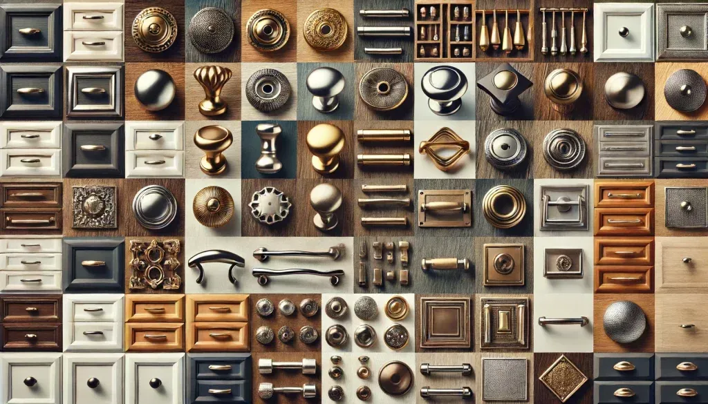 Grid of assorted drawer knobs, pulls, and handles in wood, metal, and ceramic finishes.