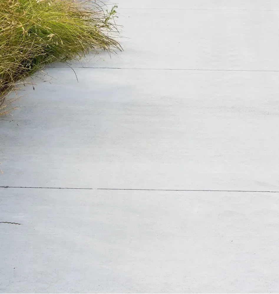 Concrete sidewalk with a patch of green grass along the left edge