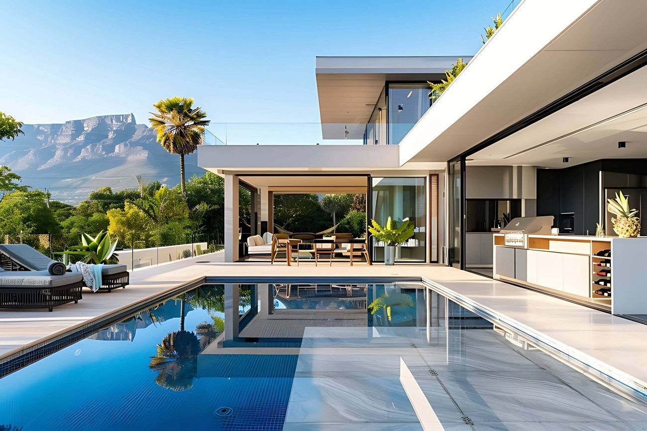 Modern villa with infinity pool, patio seating, and mountain views under a clear blue sky