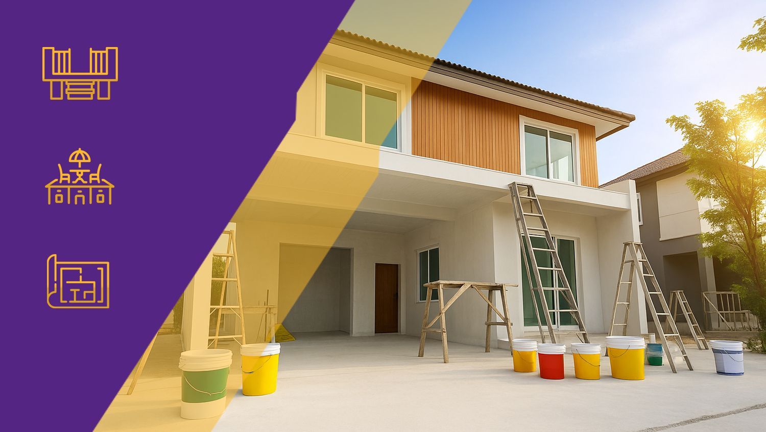 Modern two-story house with patio, ladder, and colorful paint buckets in bright sunlight