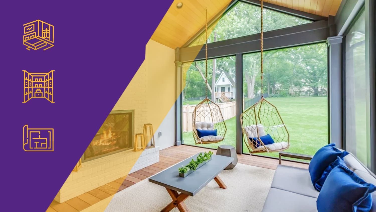 Modern living room with hanging chairs, large windows, and a purple-and-gold graphic panel on the left