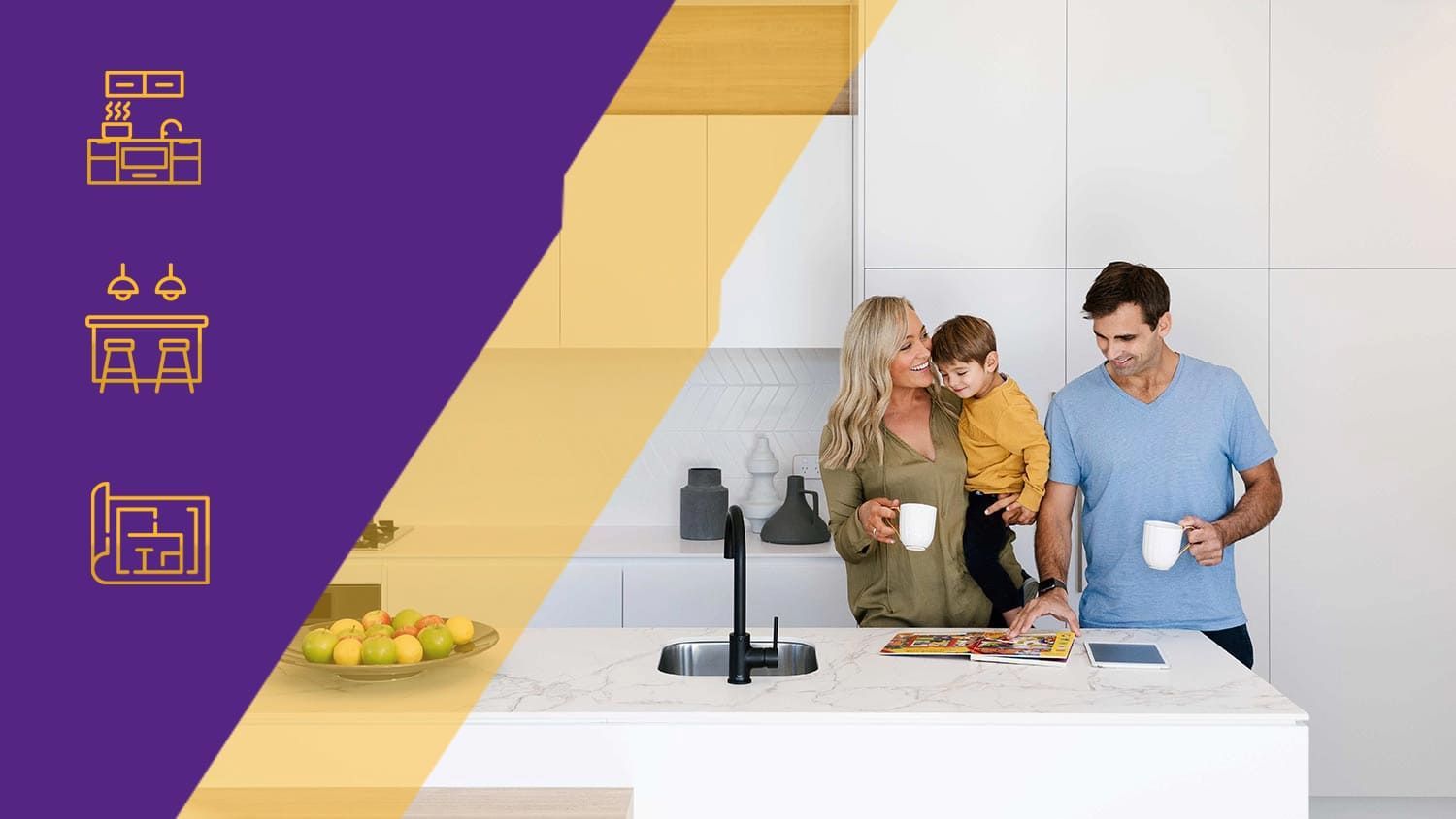 Three people preparing food in a bright kitchen beside a purple and gold graphic panel