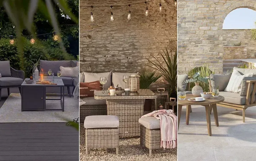 Three outdoor patio lounge settings with sofas, coffee tables, lanterns, and stone or wood decor.