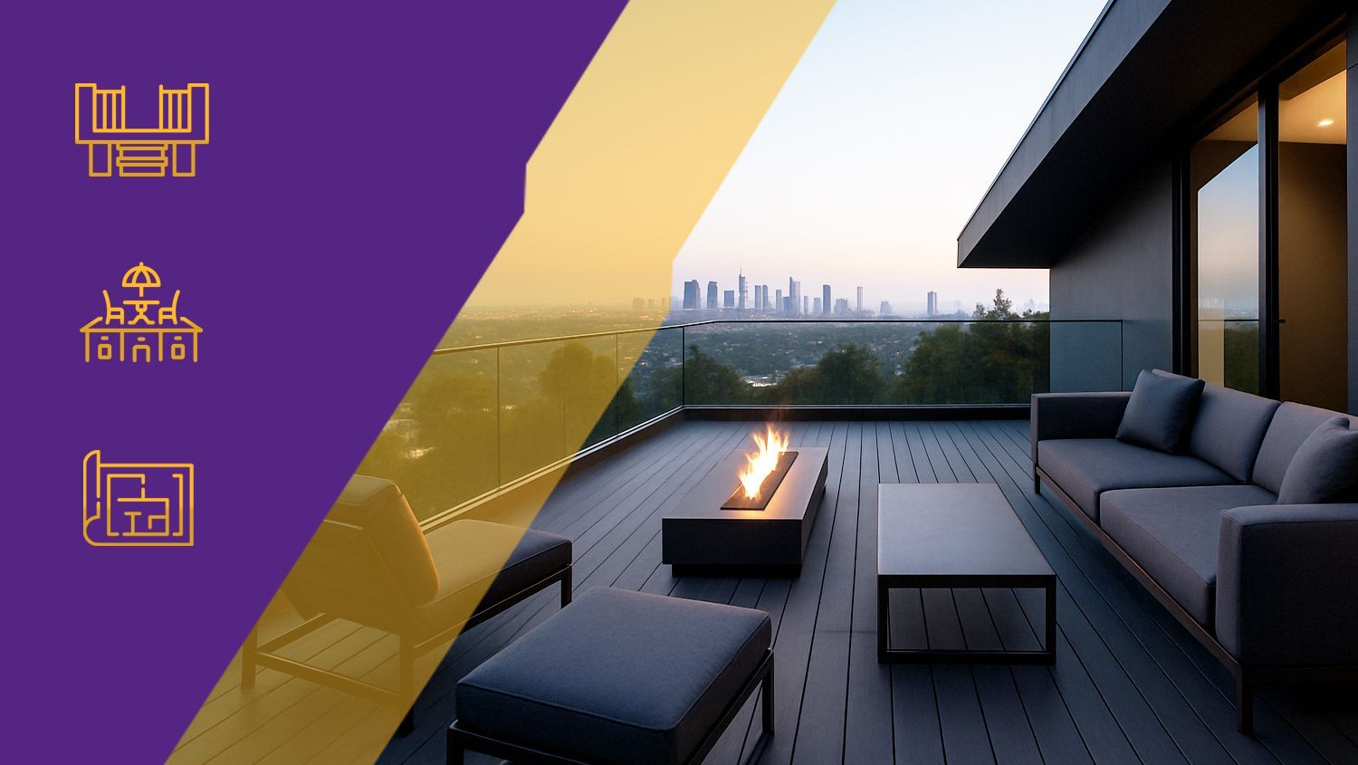 Purple-branded promo graphic of a modern rooftop patio with seating, fire pit, and city skyline at sunset.