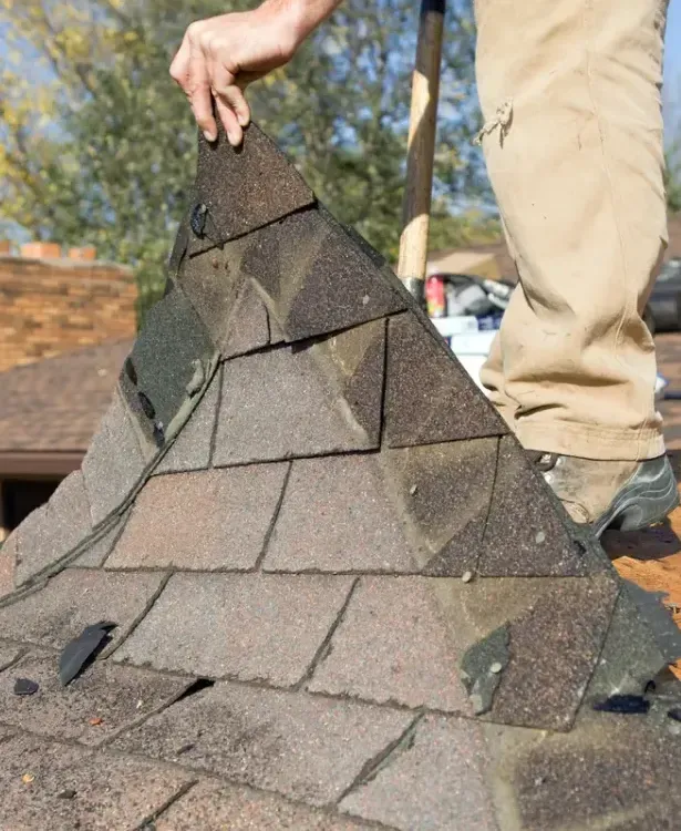 A person lifts a damaged roof shingle section, exposing the layered shingles underneath.