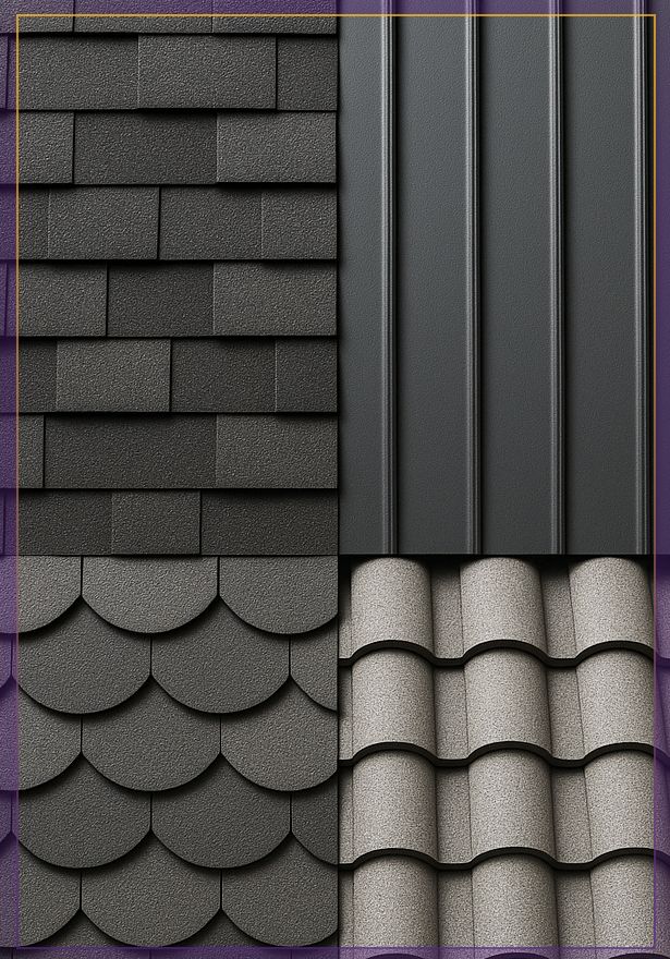 Roofing material samples in black and gray, showing shingles, metal panels, and curved tiles.