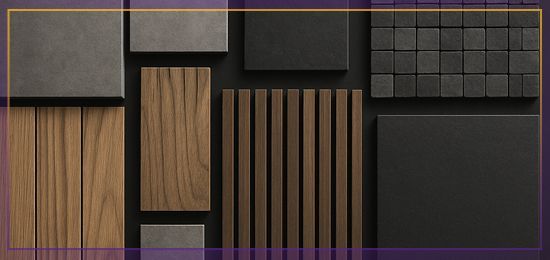 Abstract arrangement of wood and dark stone tiles in brown, black, and gray tones