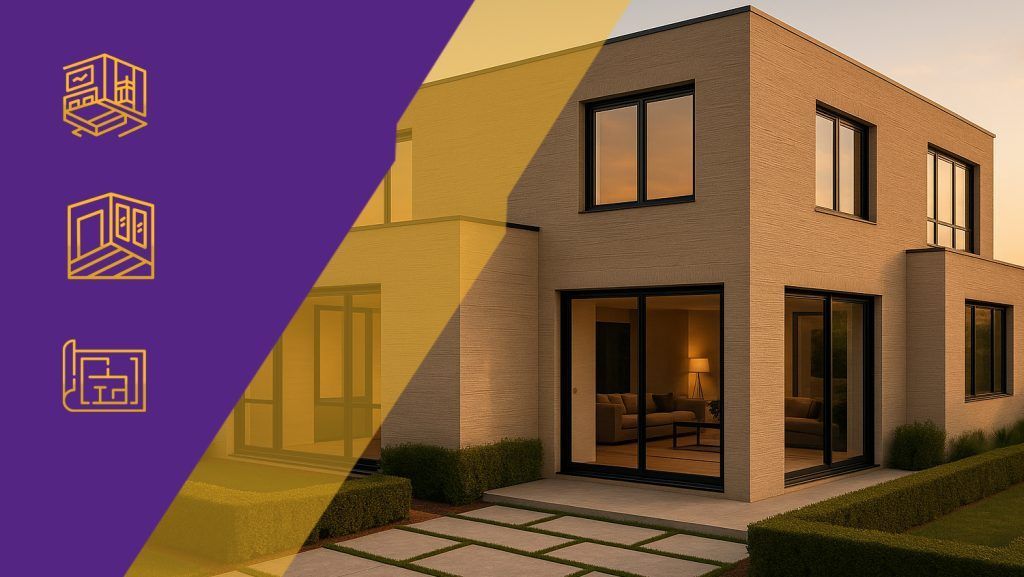 Modern two-story beige house rendering with a purple-yellow graphic overlay on the left.