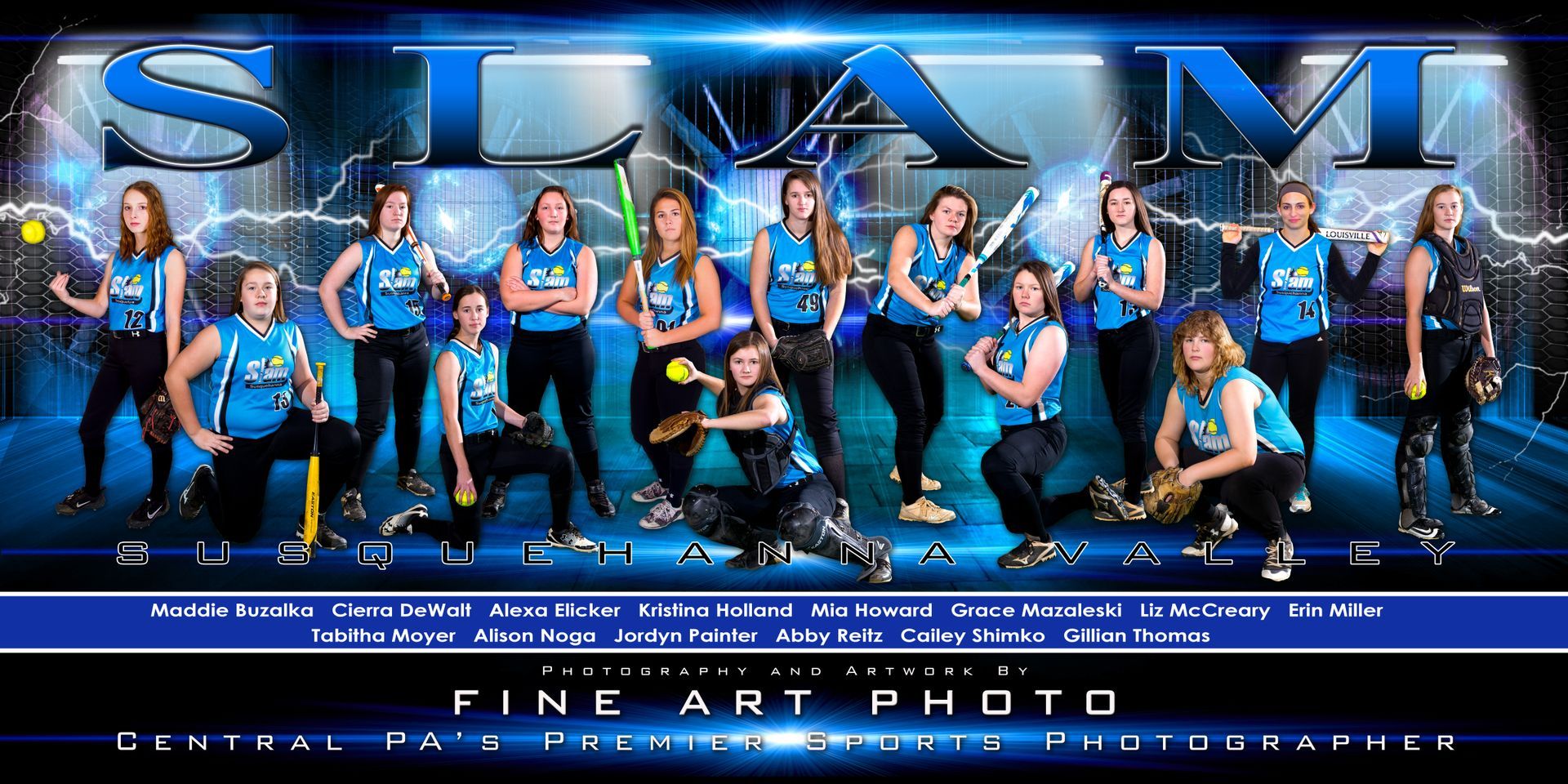 Blue-clad dance team posing on a stage in front of a large “SLAM” backdrop.