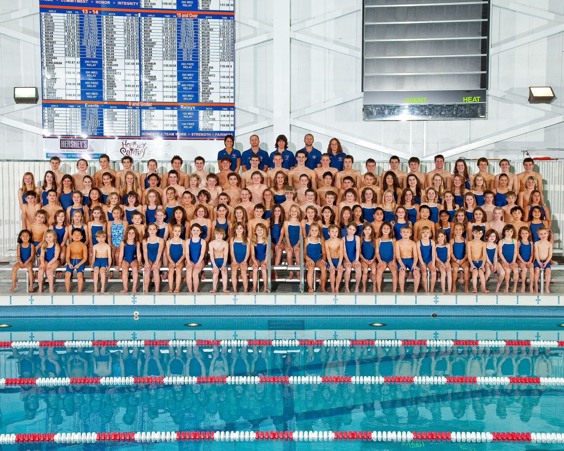 Large group of swimmers in blue suits posing on bleachers beside an indoor pool with lane lines