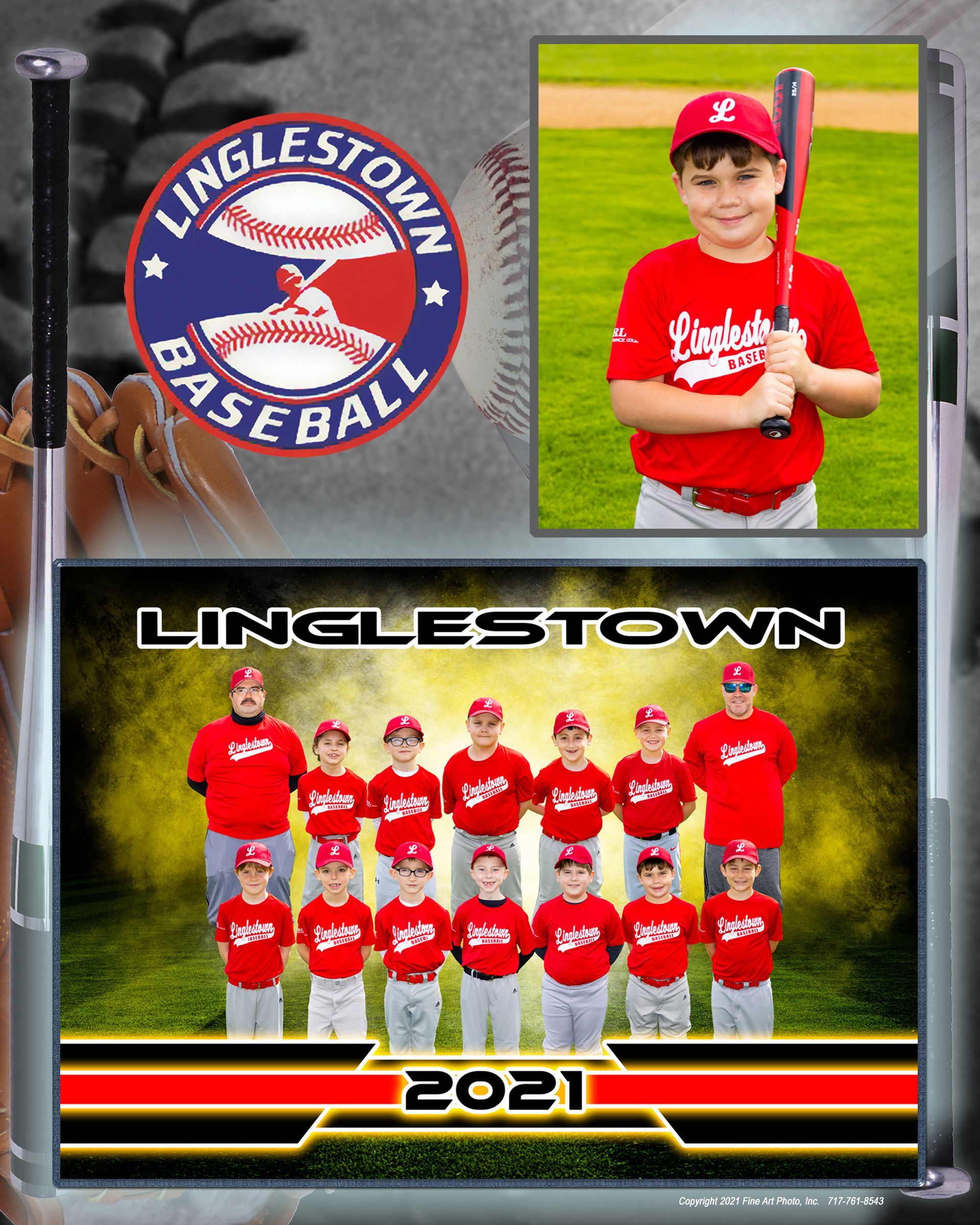 Lincelstown Baseball team collage with red uniforms, player portrait, and 2021 team photo on gray background