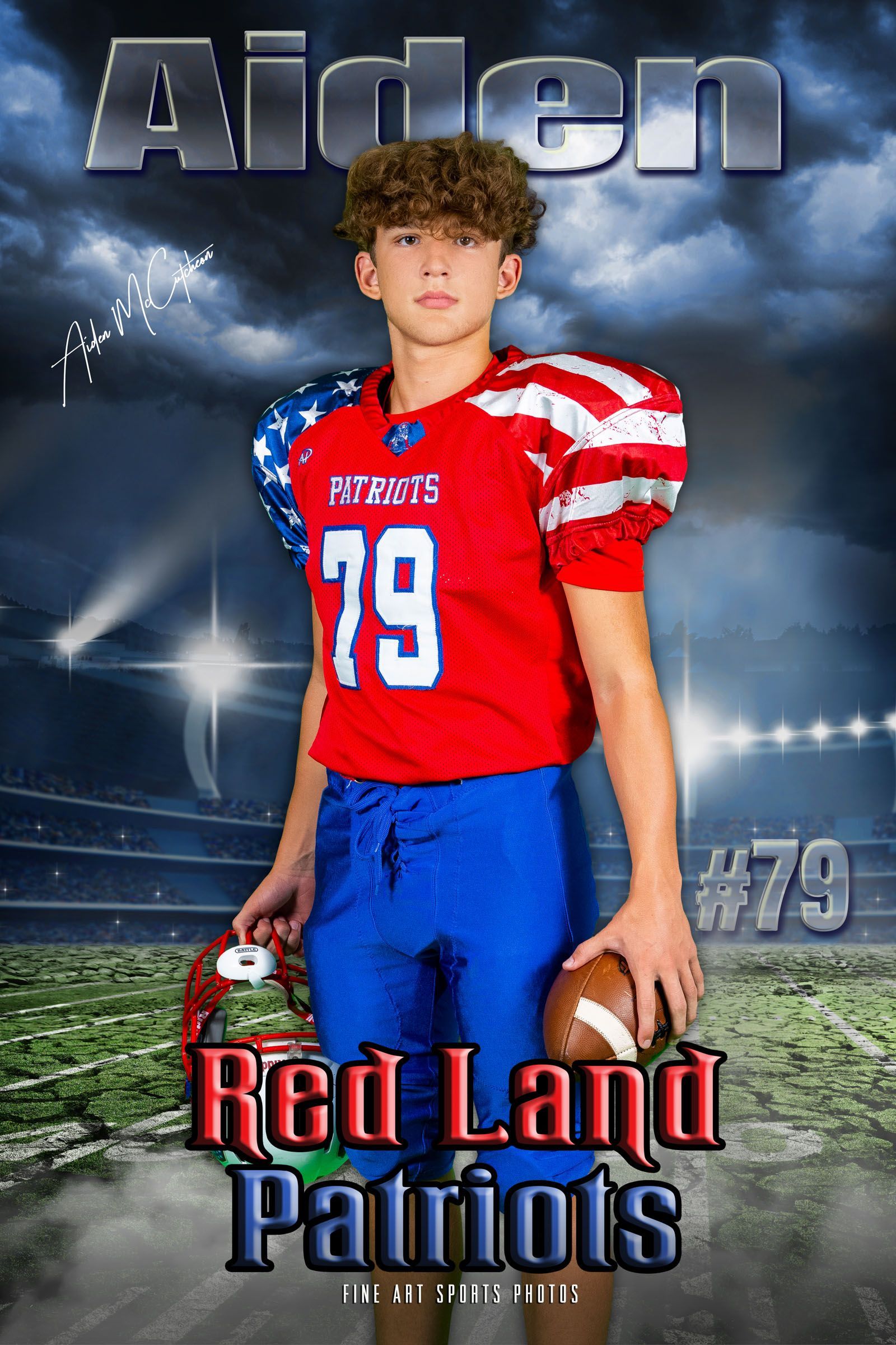 Aiden in red football uniform holding helmet, with “Red Land Patriots” text on a cloudy stadium background