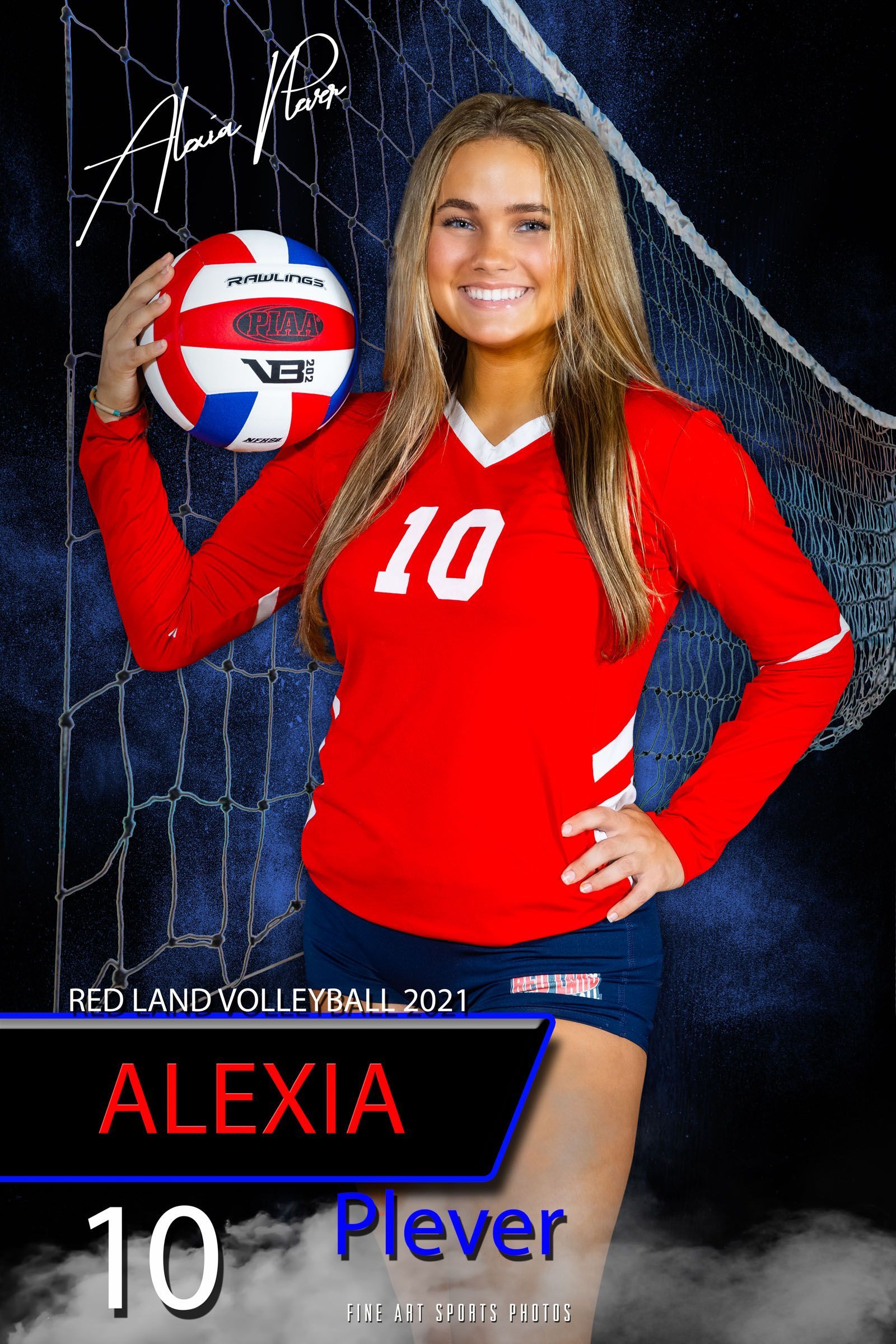 Volleyball player in red jersey holding a ball, with name Alexia Plever and number 10 displayed.