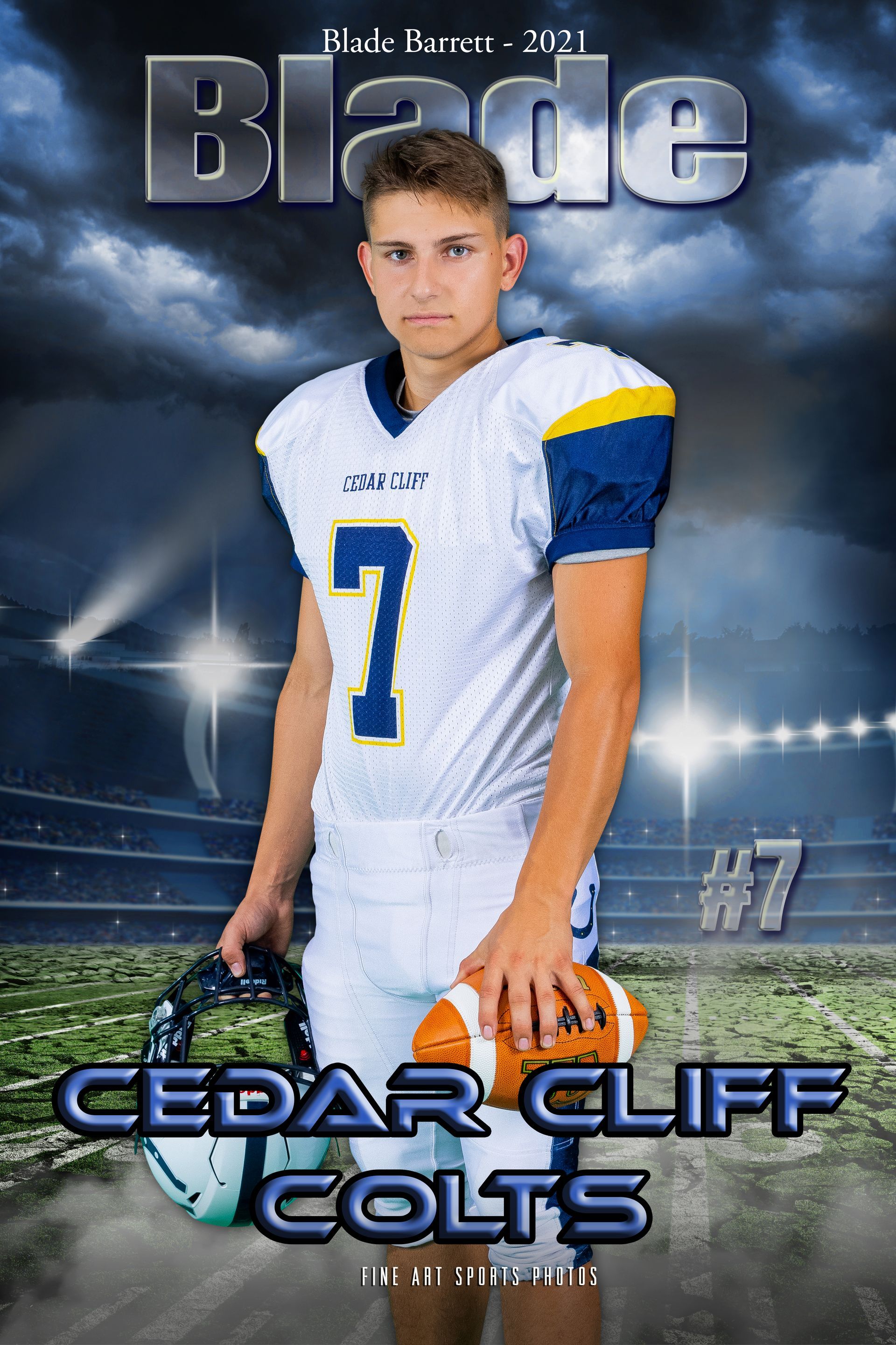 Football player in white Cedar Cliff Colts uniform holding helmet, with cloudy stadium backdrop and “Blade” text