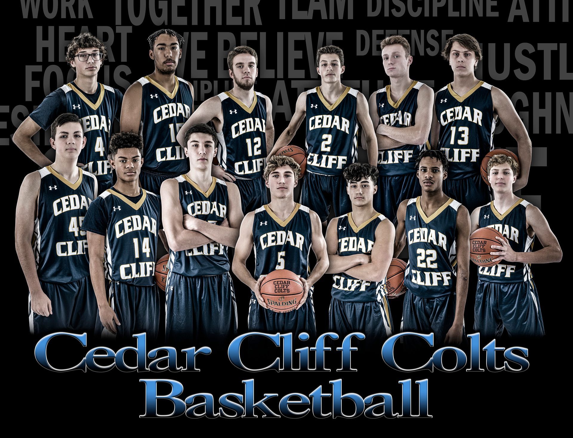 Cedar Cliff Colts basketball team posed in dark uniforms with championship-style title text
