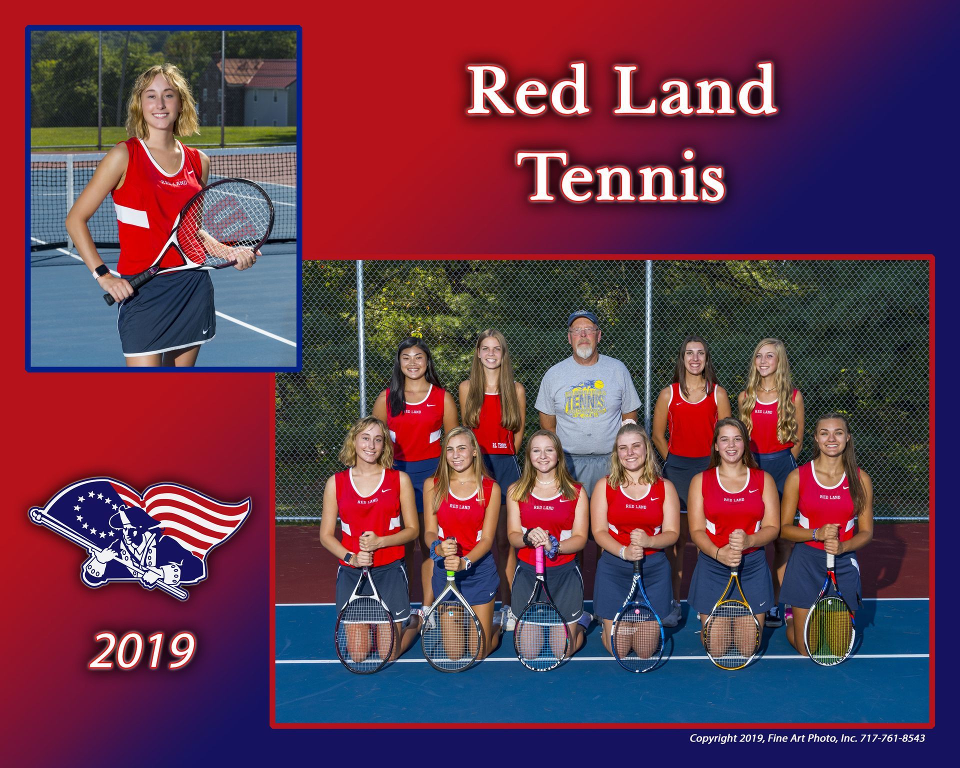 Red Land Tennis 2019 team poster with player portrait, team photo, and mascot logo on red background