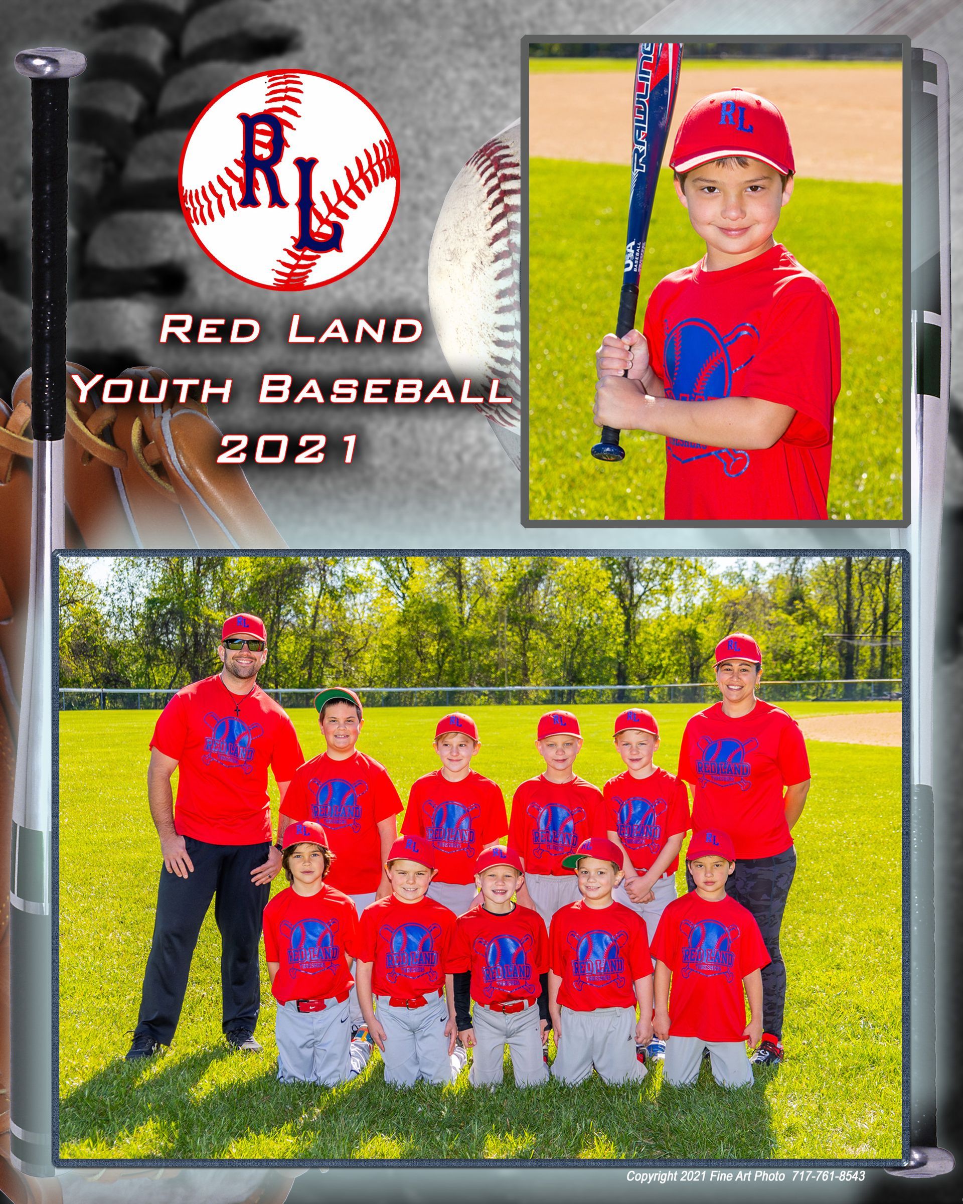 Red Land youth baseball 2021 team collage with players in red uniforms and a coach in a field setting
