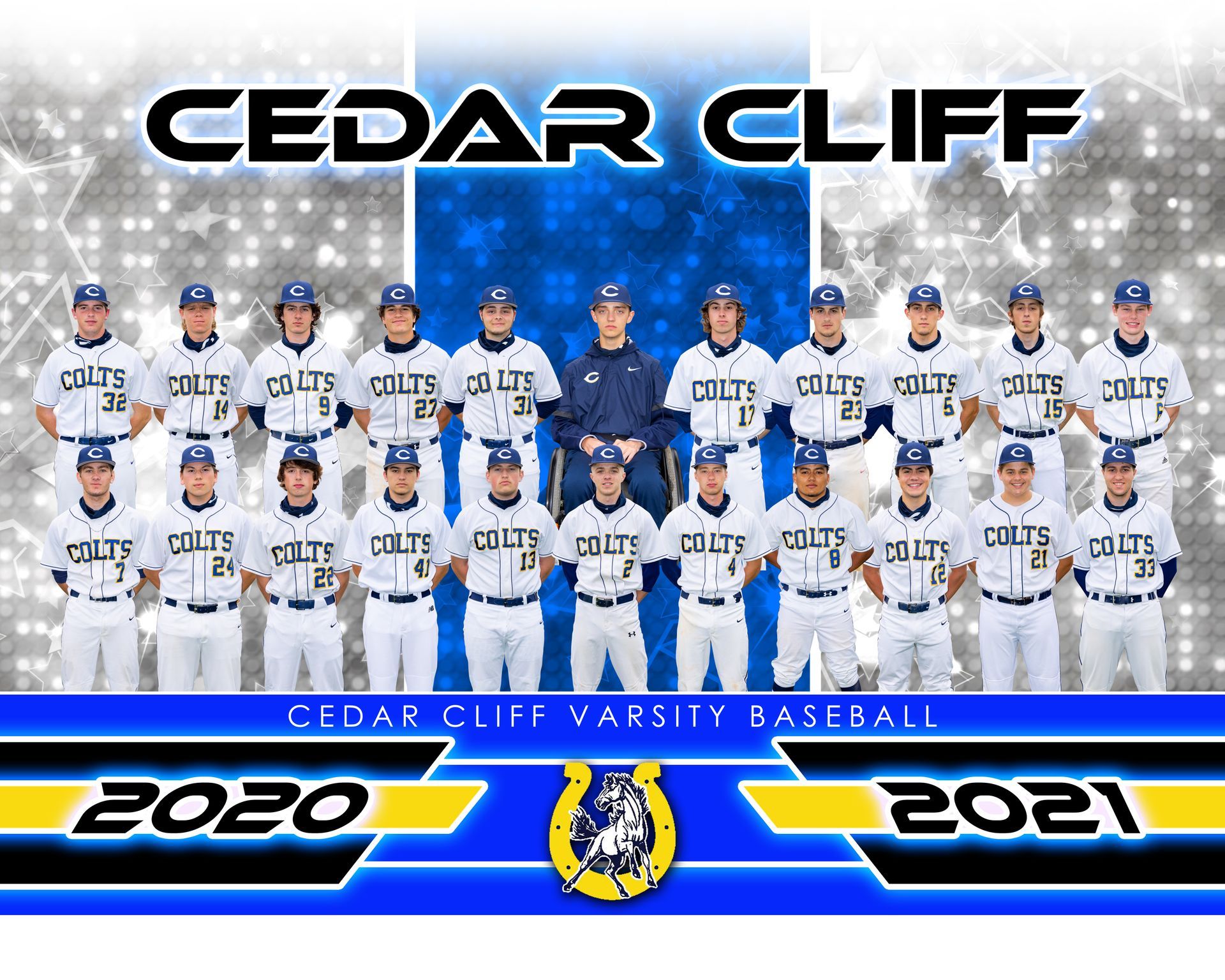 Cedar Cliff Varsity Baseball 2020-2021 team photo with players in white uniforms on a blue backdrop