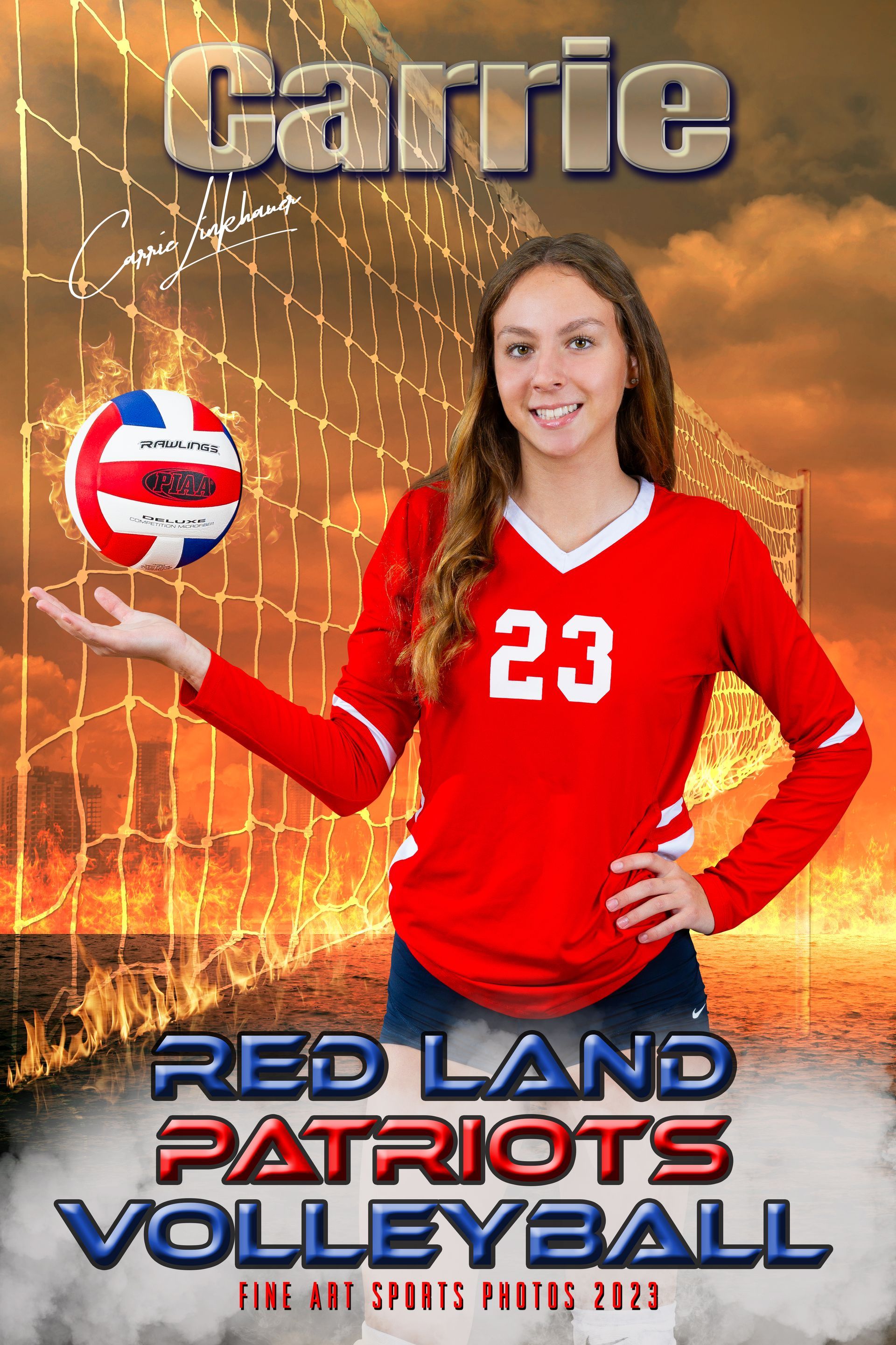Teen volleyball player in red jersey holding a volleyball with fiery red land patriots volleyball background