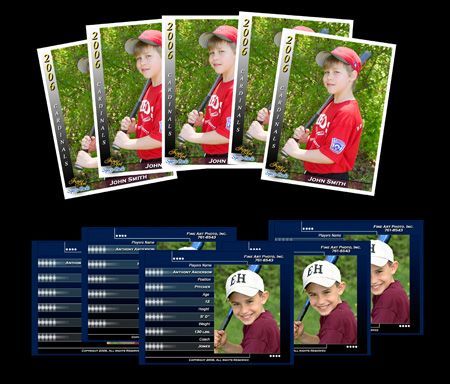 Sport card design mockup with baseball player portraits in white-bordered and dark-blue layouts