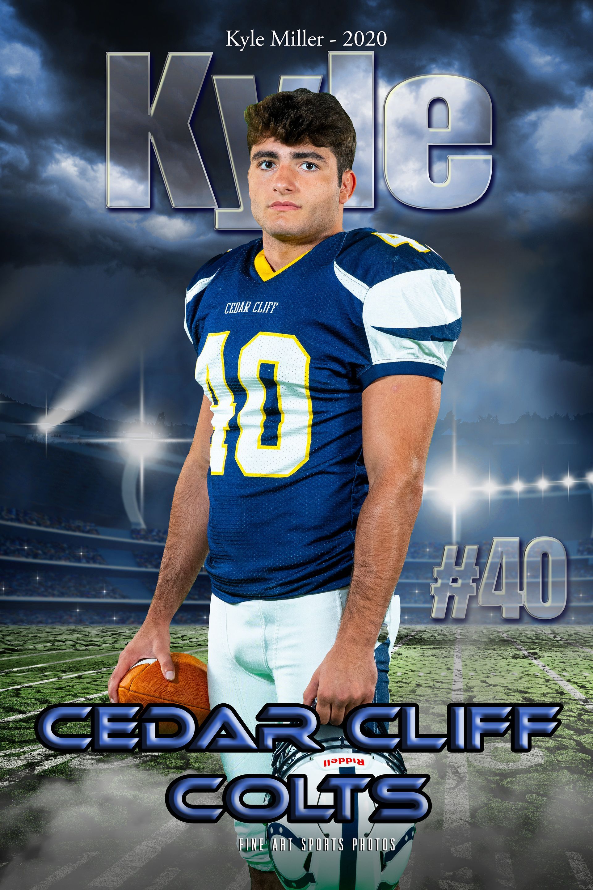 Football player in blue Cedar Cliff Colts uniform, number 10, posed on a smoky stadium backdrop.