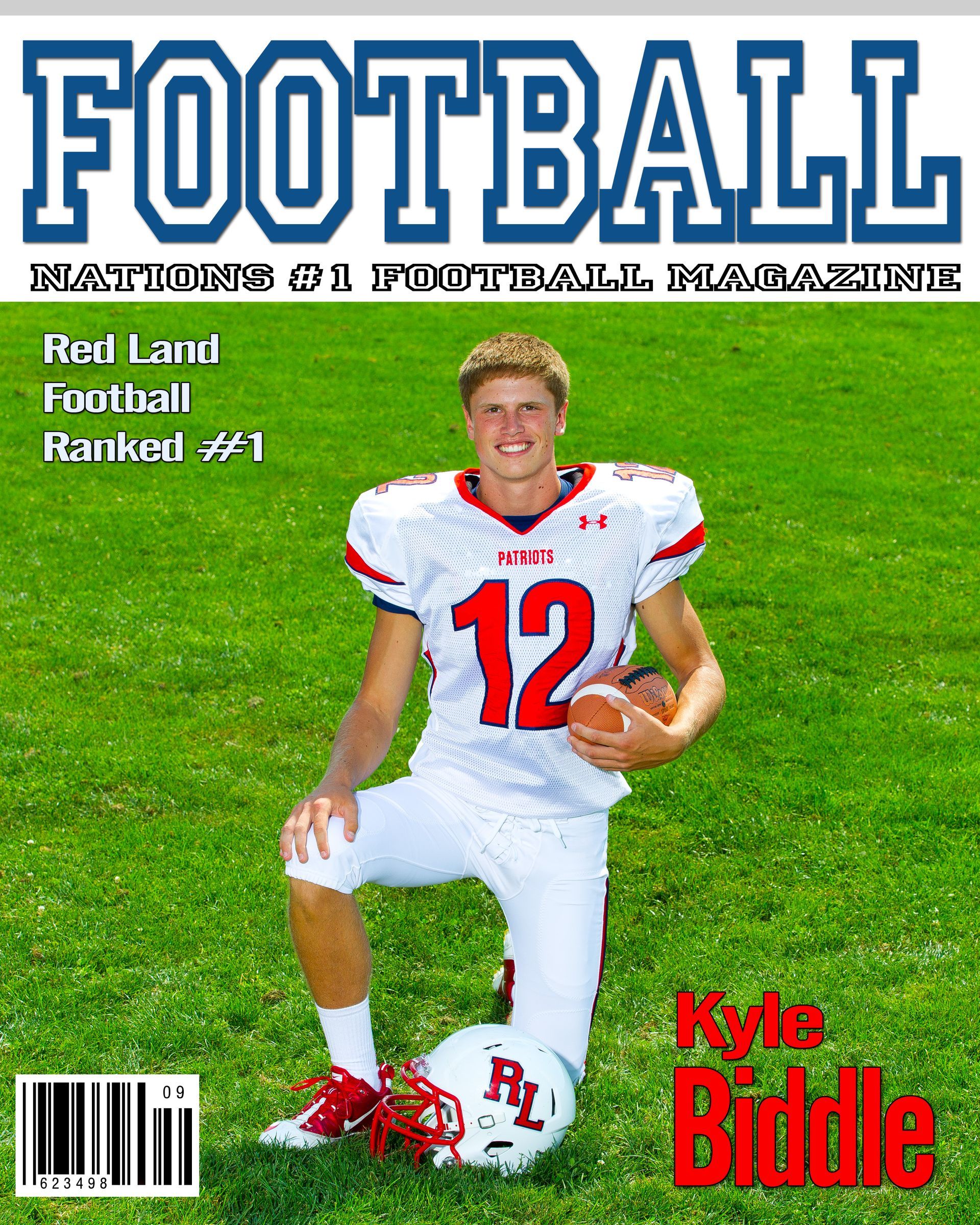 Football magazine cover showing a smiling player in a white uniform with red number 12 kneeling on grass, name Kyle Biddle.