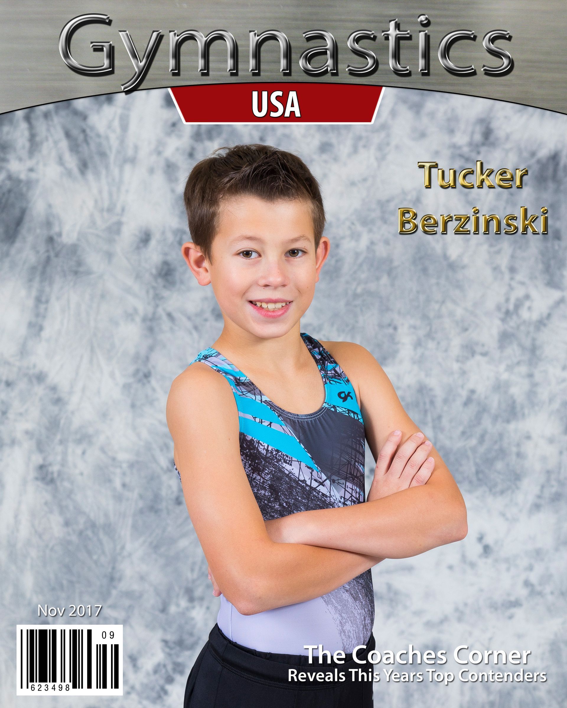 Gymnastics USA magazine cover with a smiling youth gymnast in a blue leotard, arms crossed, on a gray backdrop