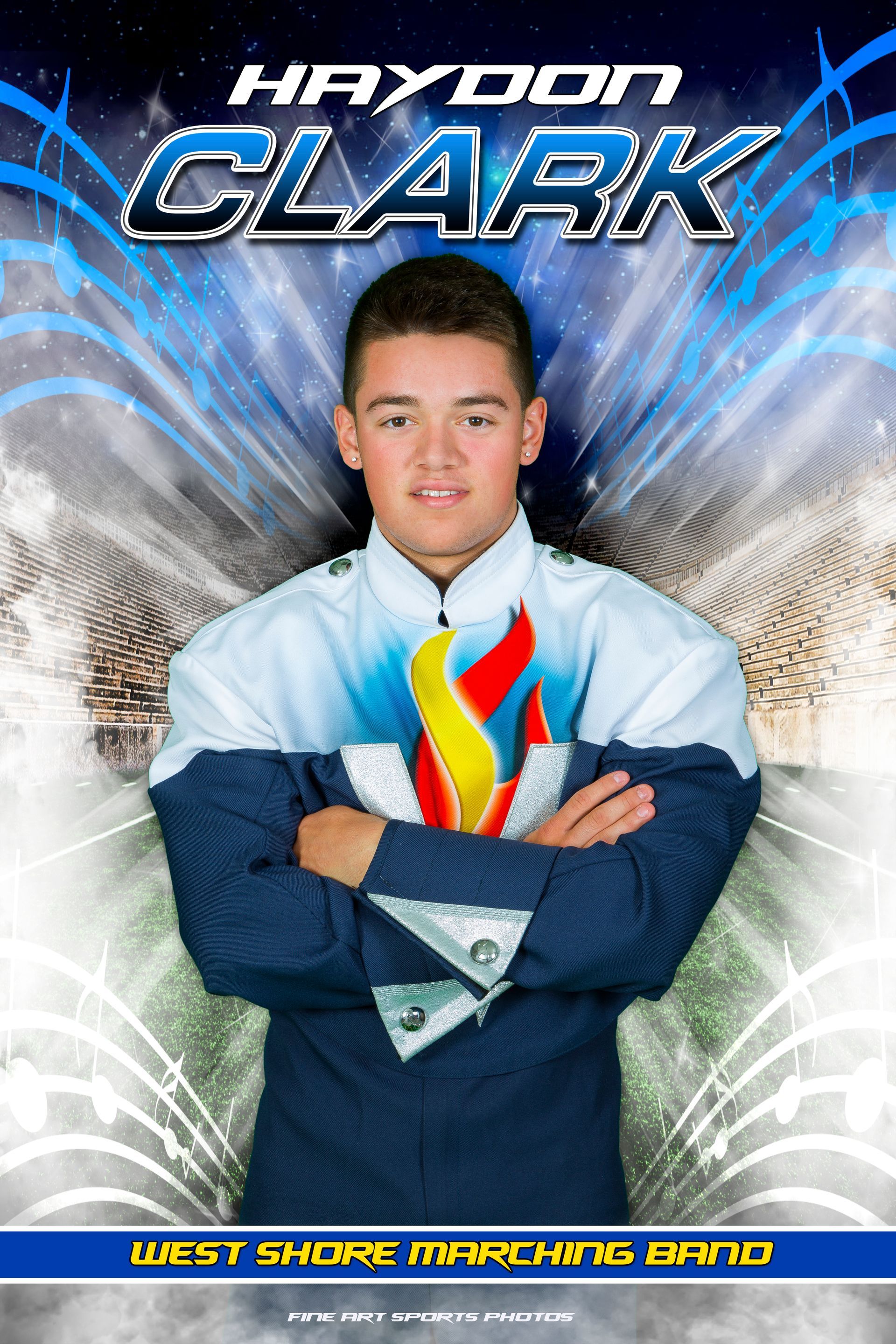 Haydon Clark trading card portrait with crossed arms, blue shirt, and bright flame graphic background