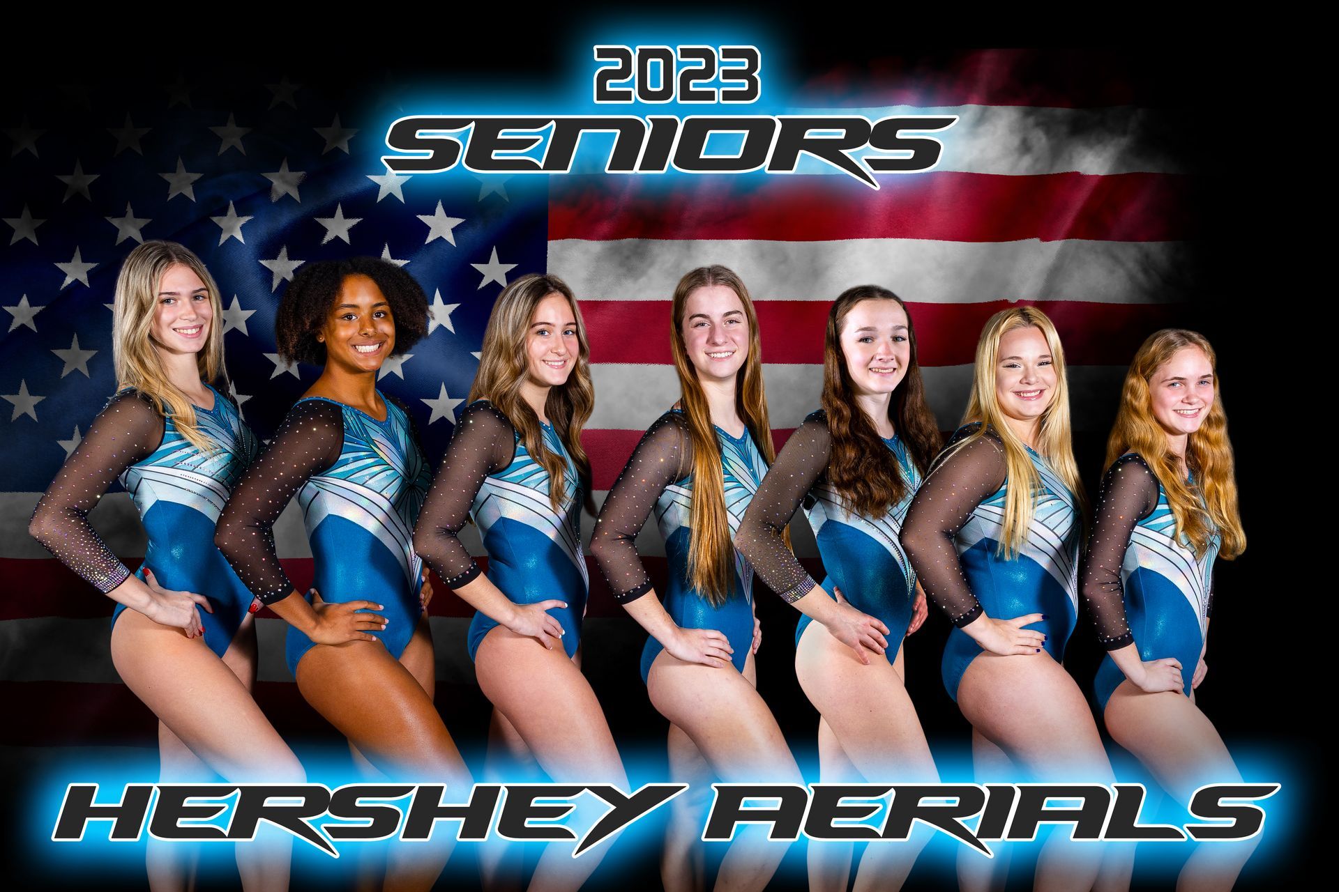 2023 Seniors Hershey Aerials team photo with seven cheerleaders in blue uniforms