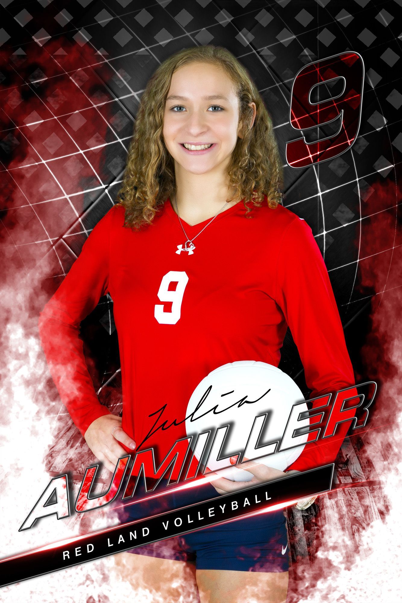 Volleyball player in red jersey #9 posing with black-and-red All-Ohio Volleyball graphic backdrop