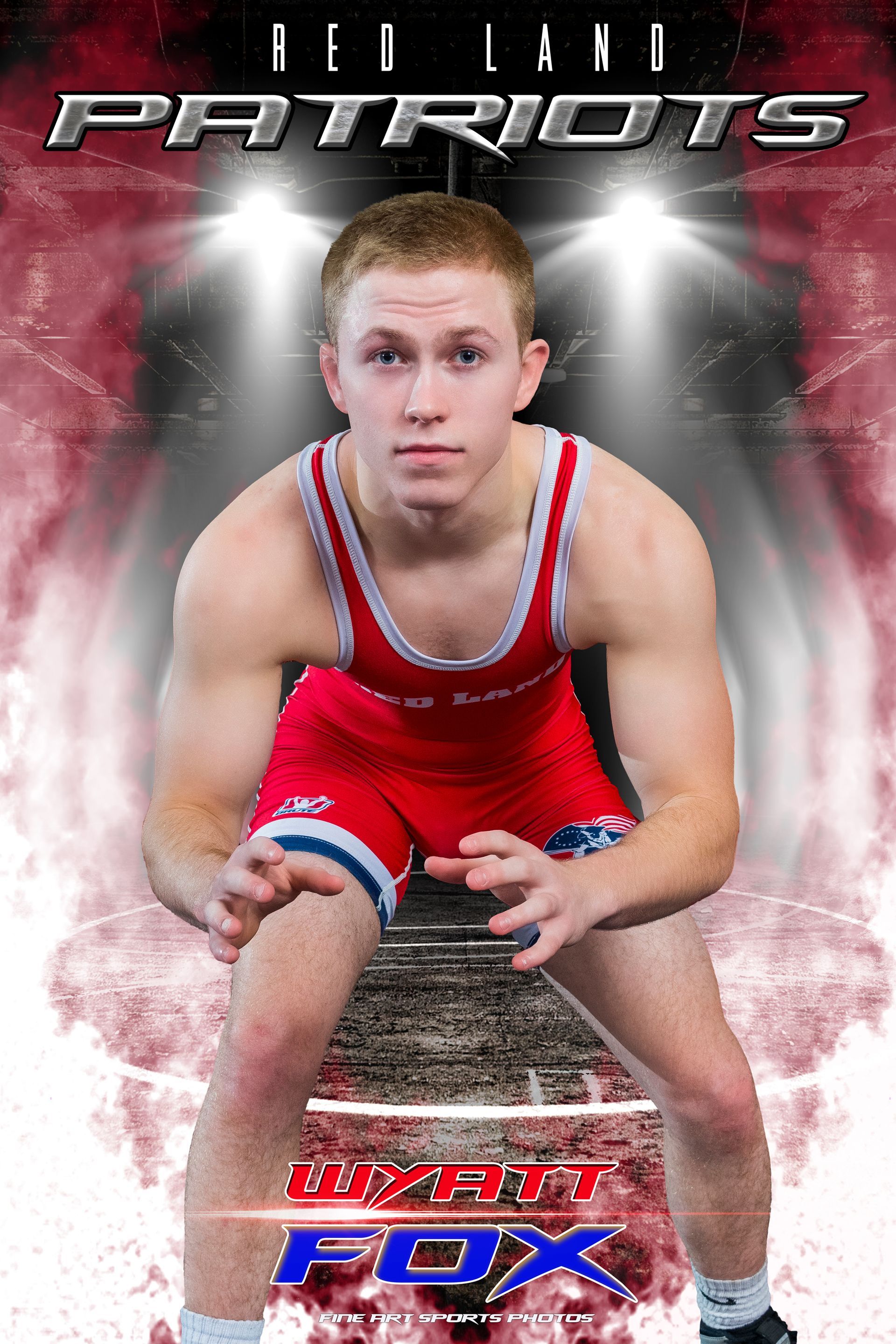 Young wrestler in a red singlet crouches on a mat, with “Patriots” and “OPENS Fox” text above and below.