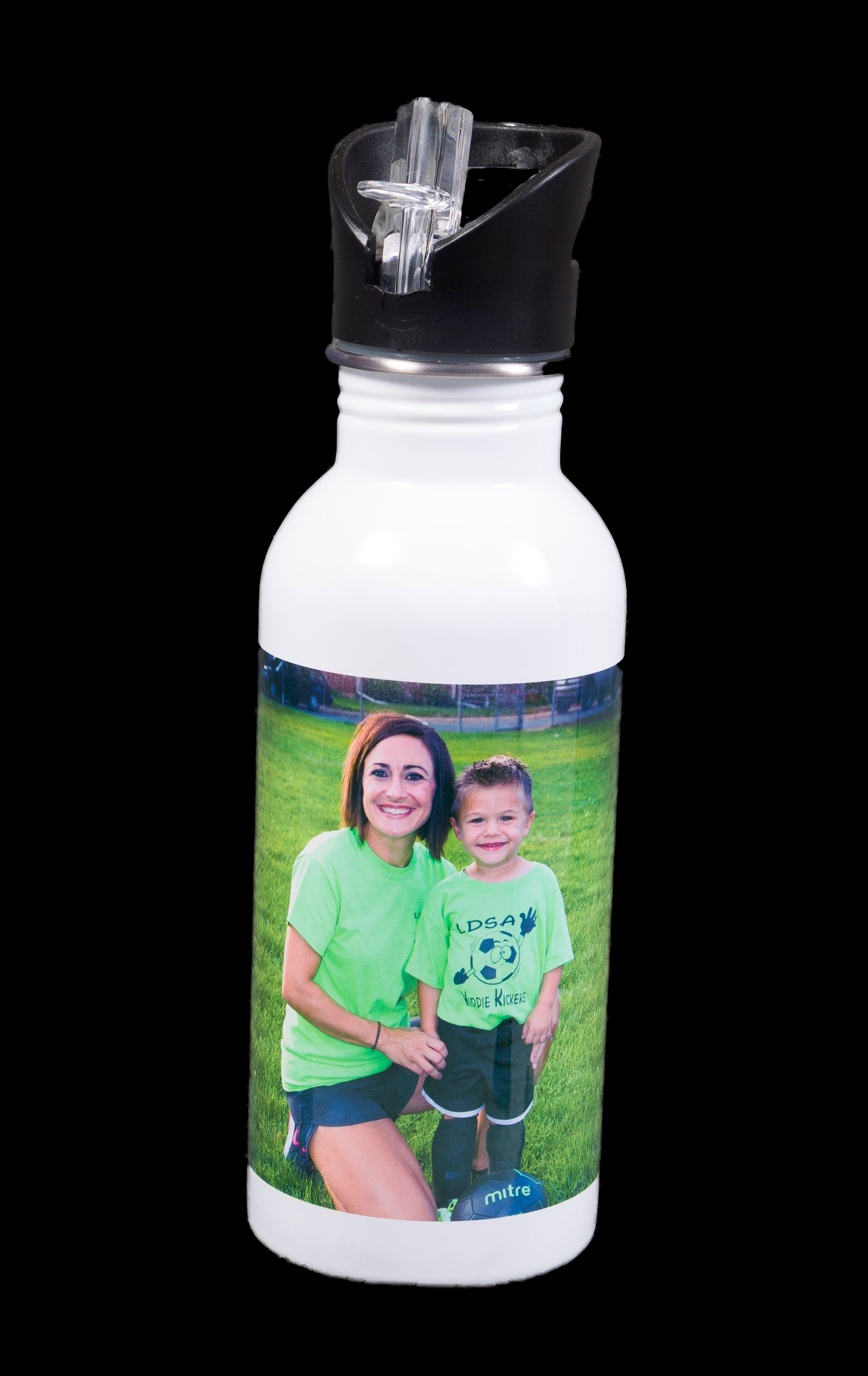 White water bottle with a custom photo label and black flip-top cap.