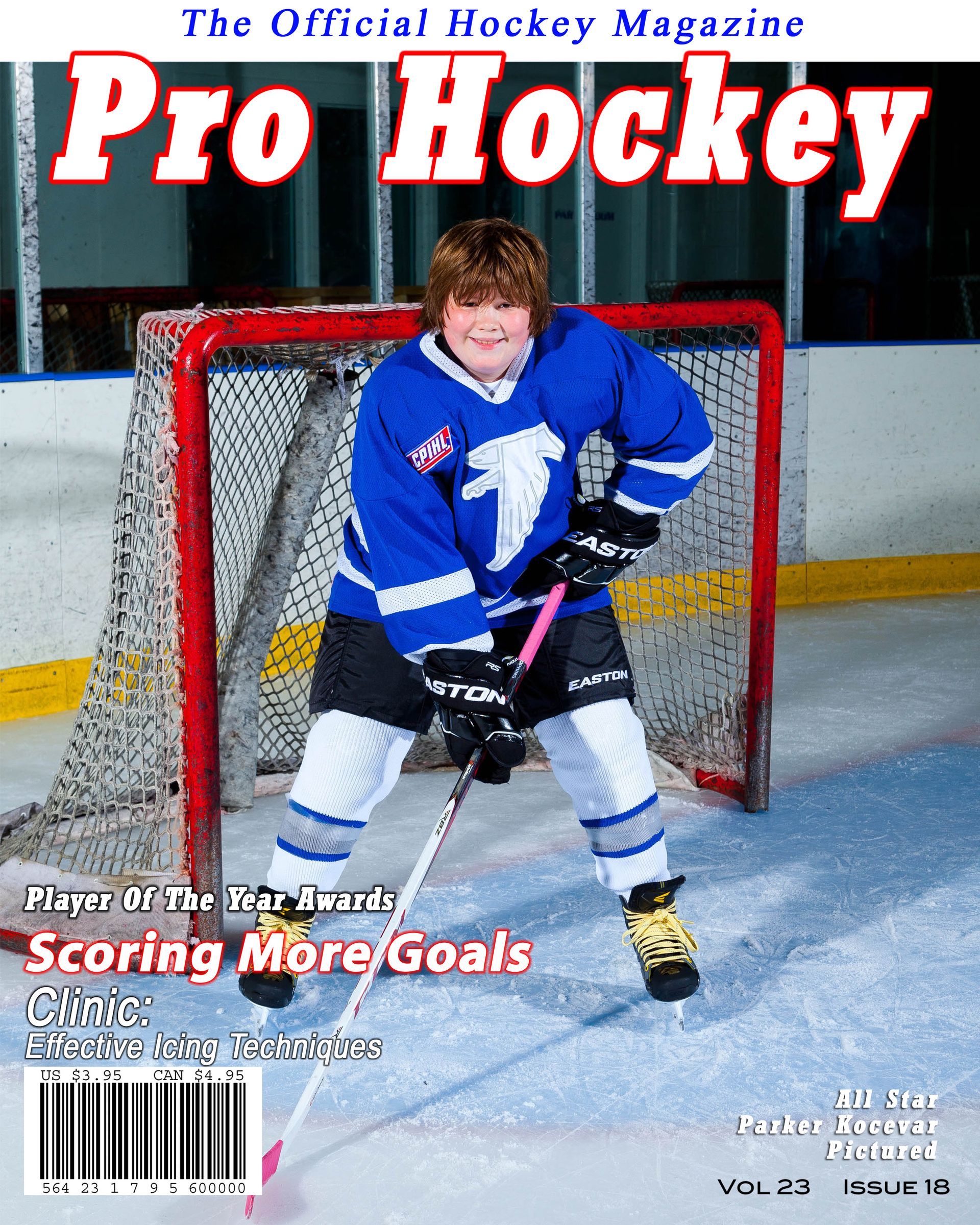 Young hockey player in blue jersey posing in goal on Pro Hockey magazine cover