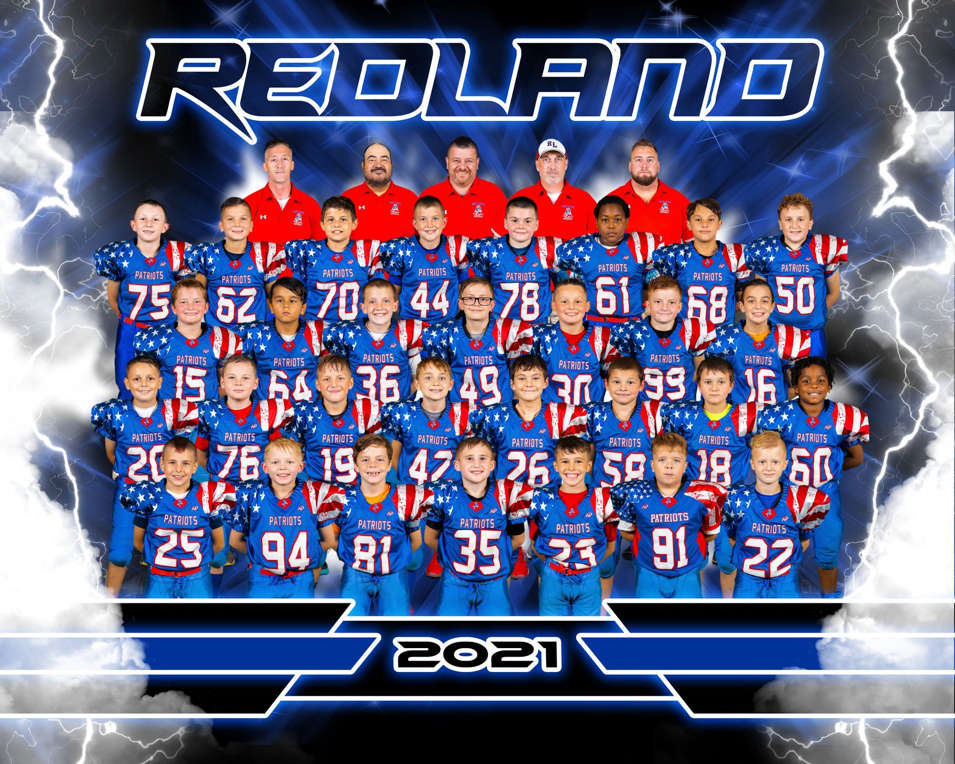 2021 Redland football team group photo in red and blue uniforms with lightning backdrop