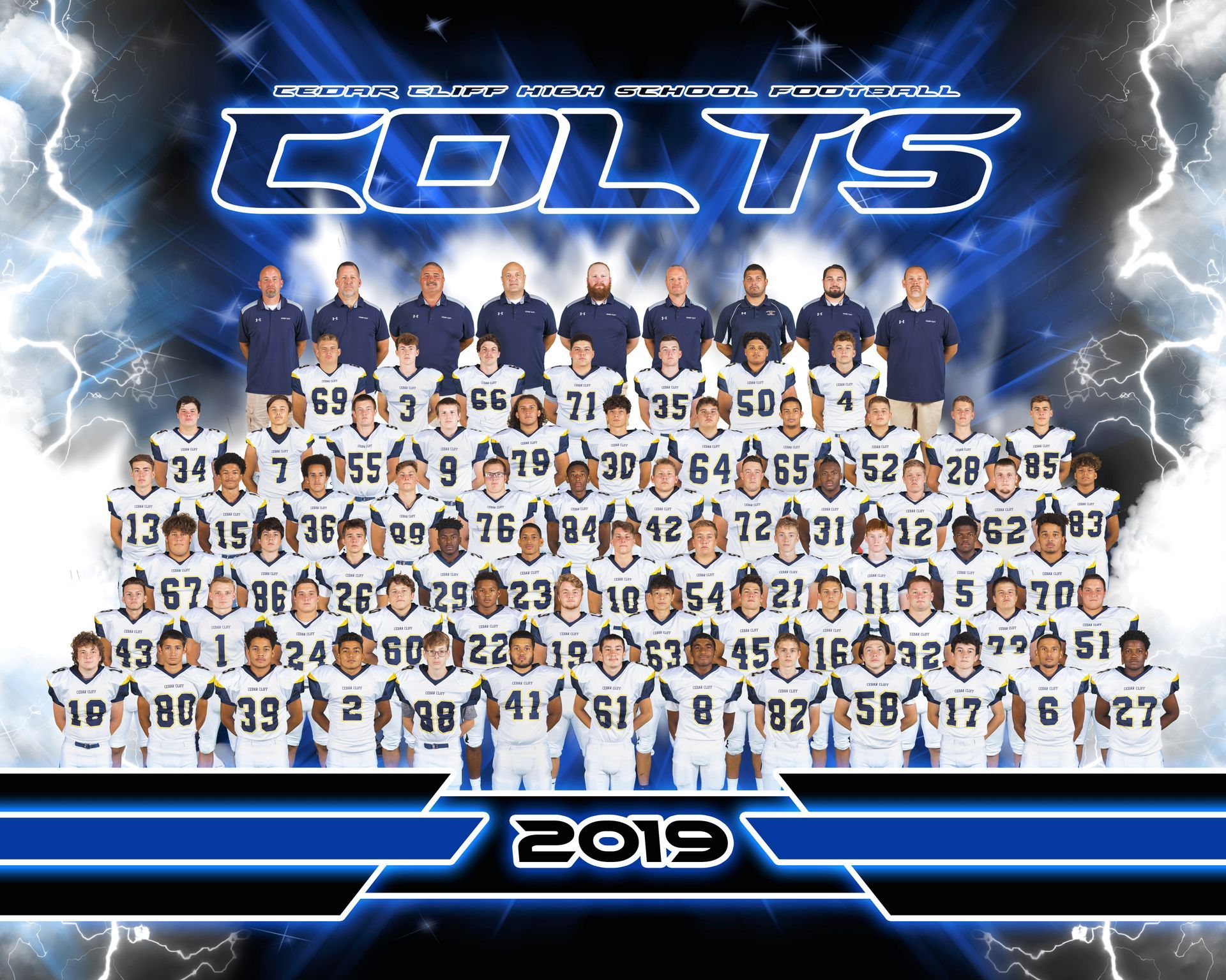 2019 Colts team poster with players in white uniforms on a blue background