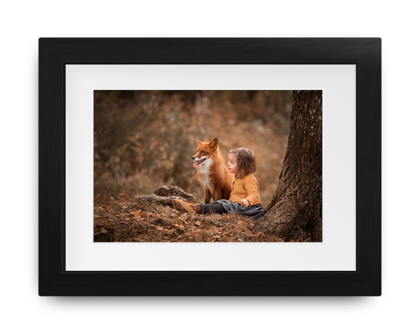 Fox sitting beside a tree in a wooded scene, framed in a black mat and frame.
