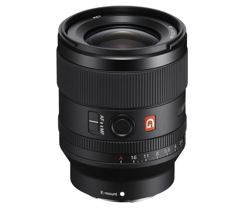 Black camera lens with ribbed focus ring and orange logo on a white background