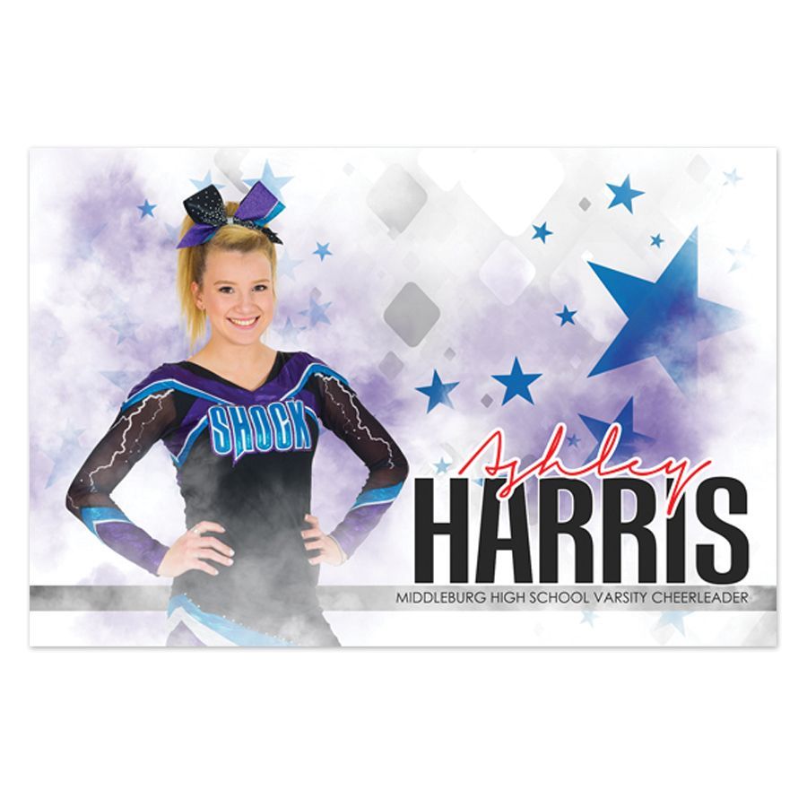 Cheerleader portrait with blue-and-black uniform, stars, and the name Ashley Harris on a purple background