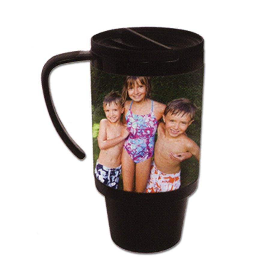 Black travel mug with handle and three children’s photo on the front