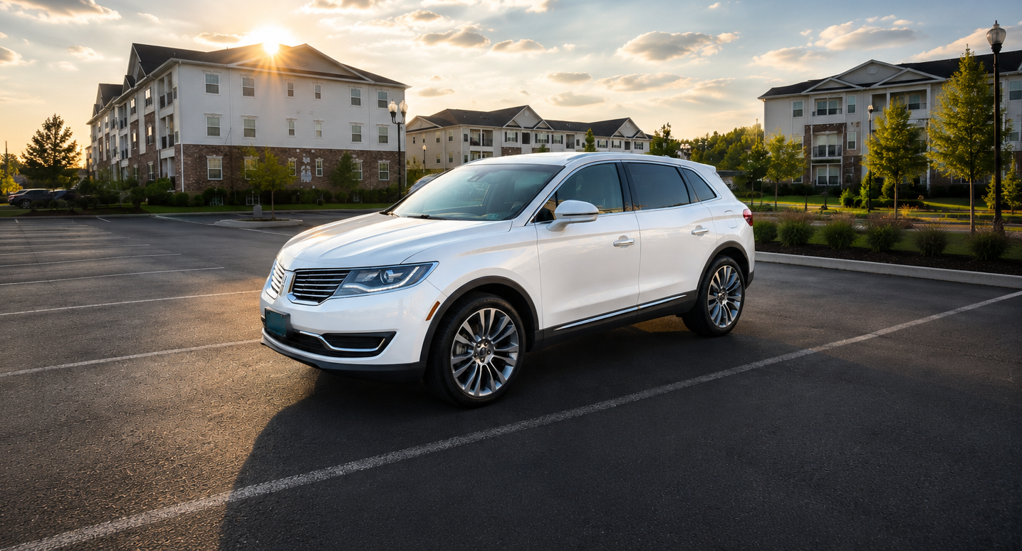 White SUV parked in an empty lot at sunset with apartment buildings in the background