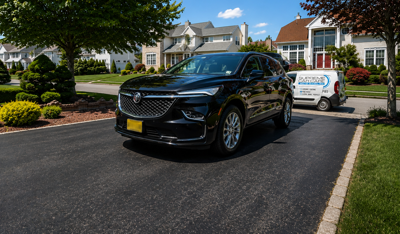 Black SUV parked in a suburban driveway beside a white service van and manicured houses
