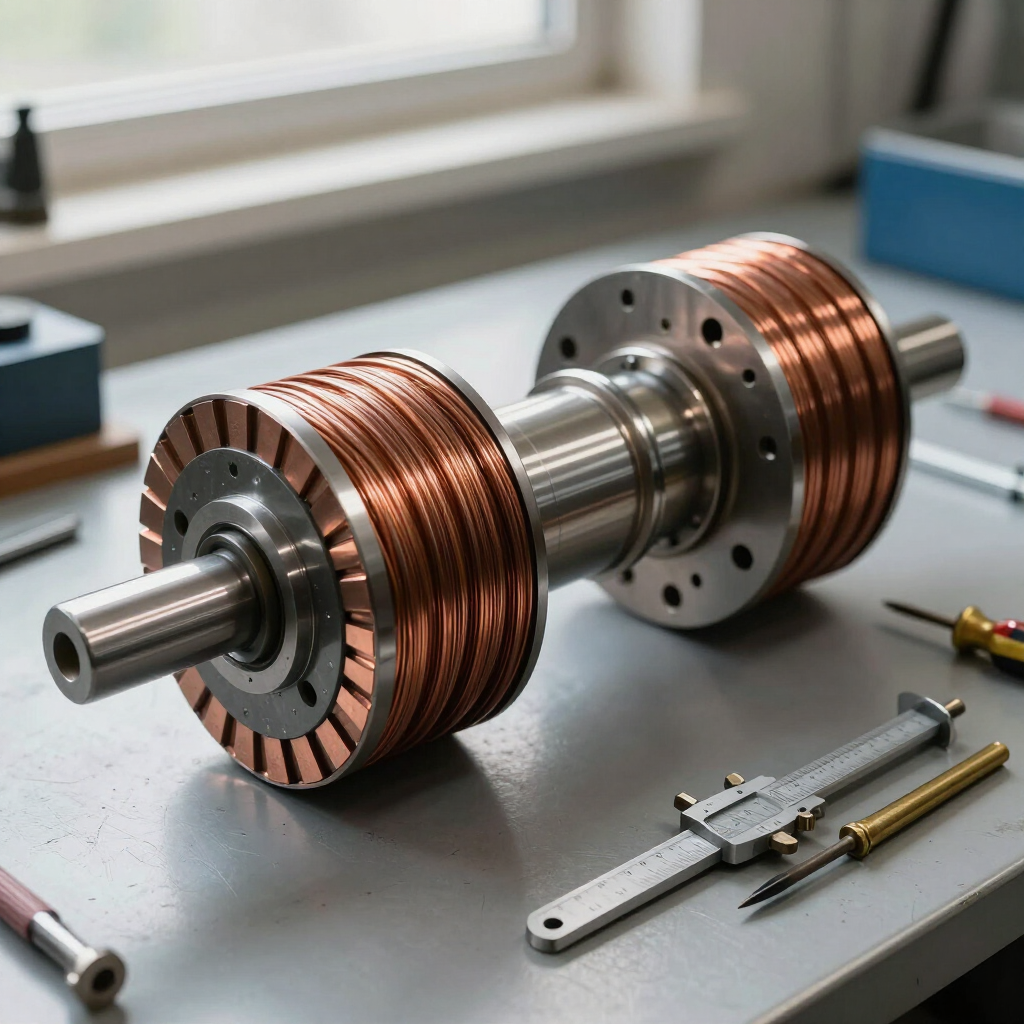Eje del rotor de un motor eléctrico con bobinado de cobre sobre un banco de trabajo con pequeñas herramientas manuales cerca.