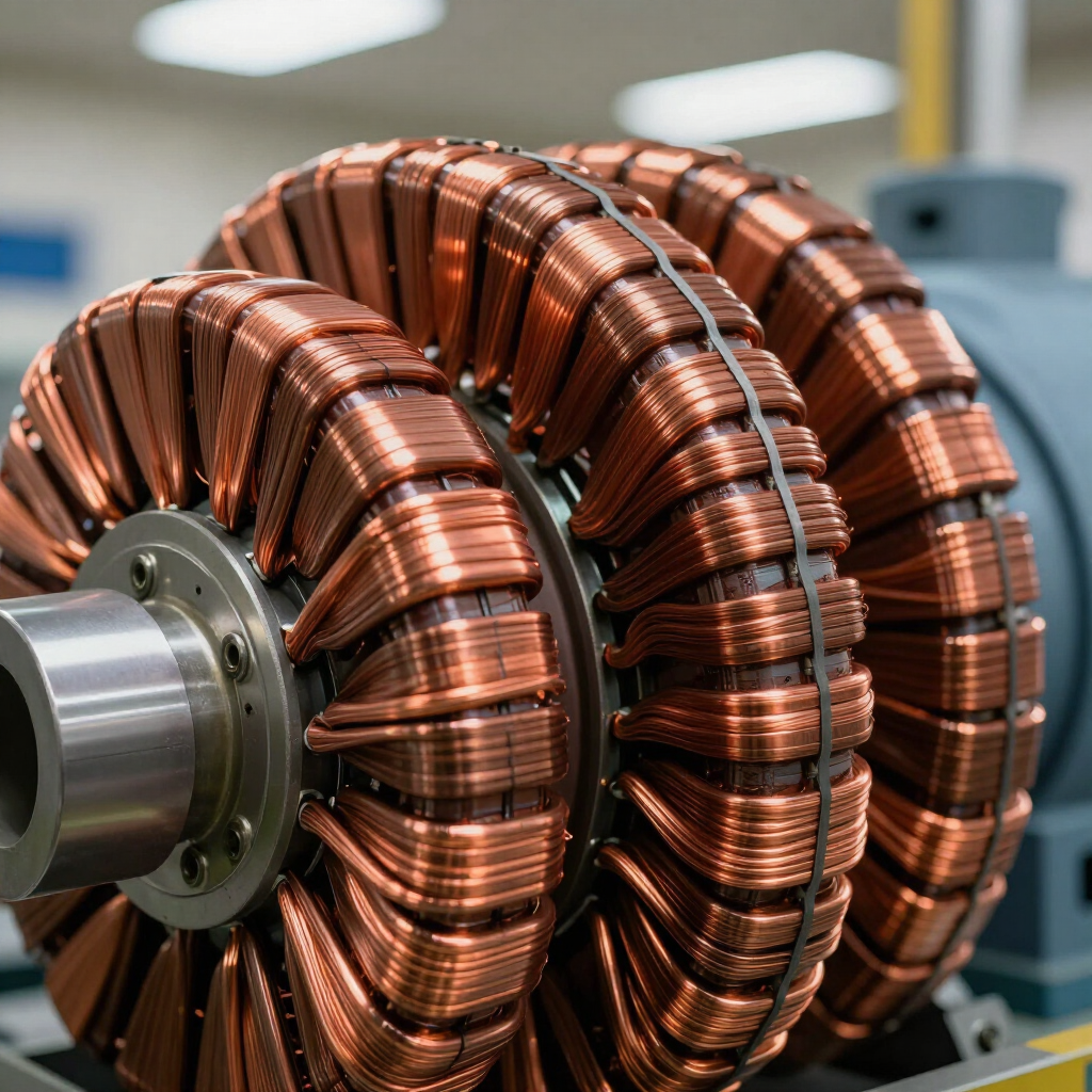 Bobinas de alambre de cobre enrolladas en el rotor de un motor eléctrico en un taller industrial.
