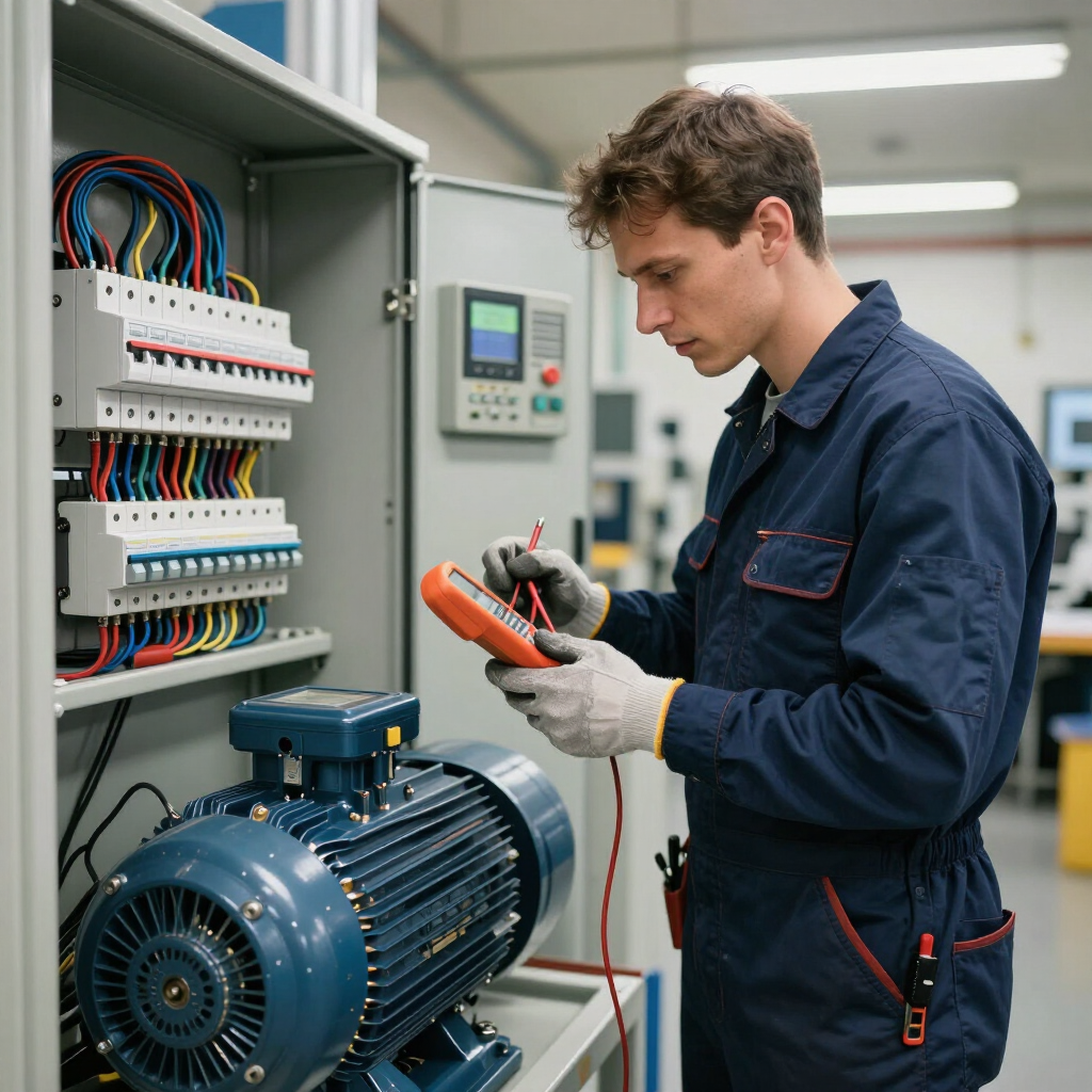 Técnico probando el cableado en un armario de control eléctrico junto a un motor grande.