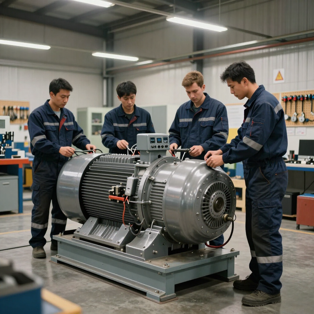 Técnicos con monos azules inspeccionan un gran motor eléctrico en un taller.