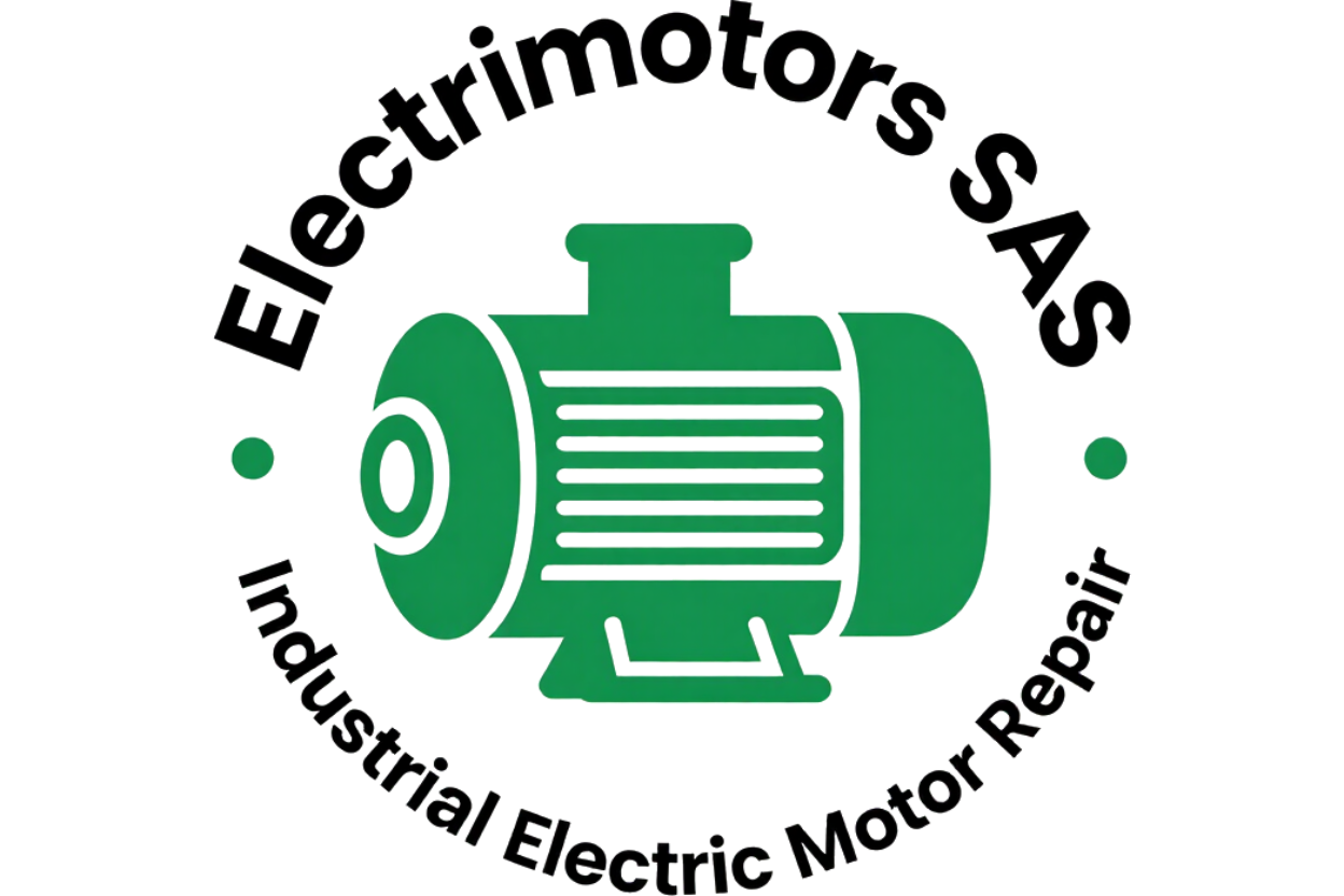 Logotipo de Electrimotors SAS con motor eléctrico verde y texto de reparación de motores eléctricos industriales