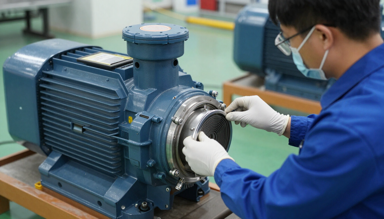 Un técnico con uniforme azul inspecciona un gran motor industrial azul con herramientas en un taller.