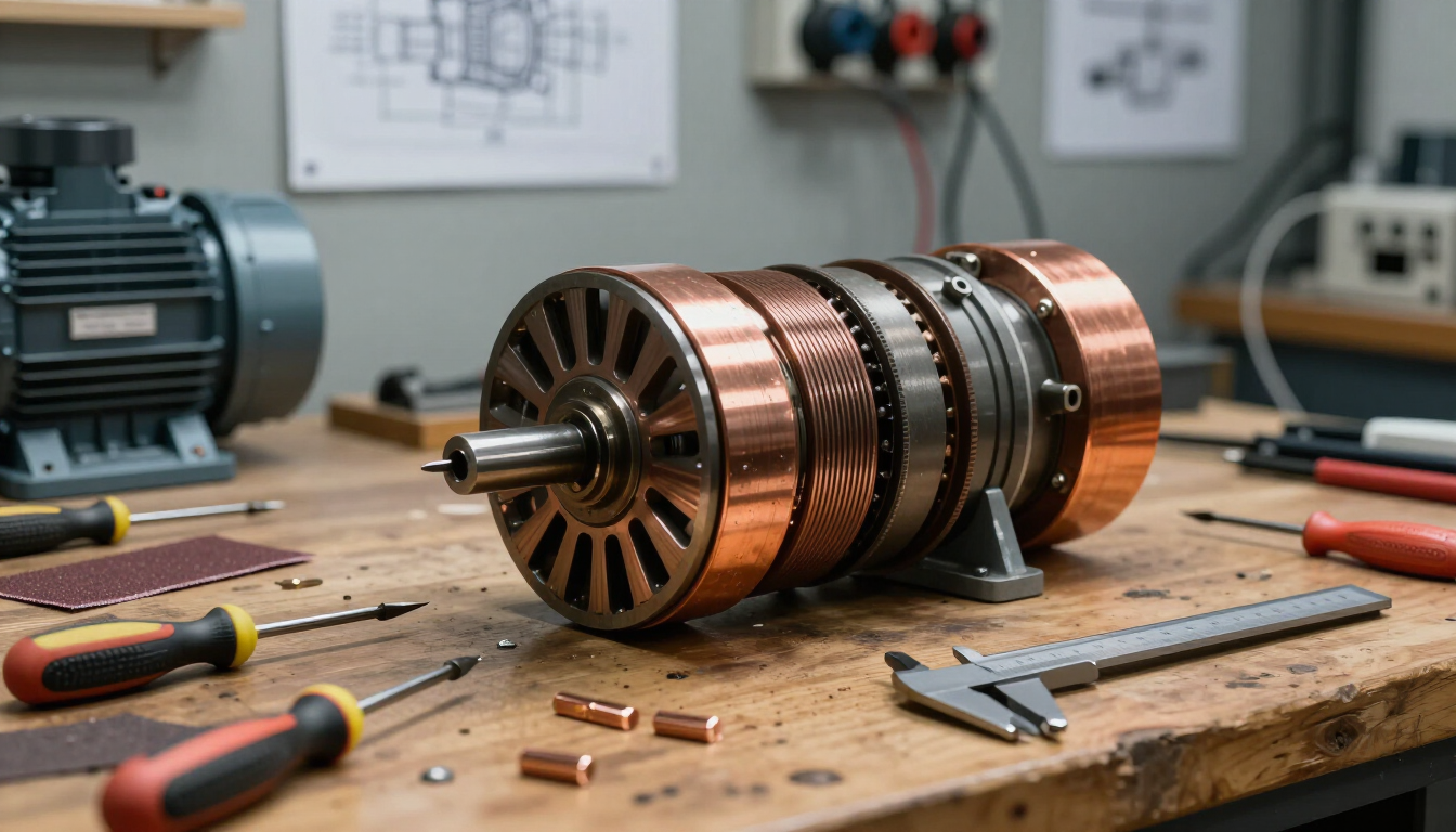 Rotor de motor eléctrico de color cobre sobre un banco de taller con herramientas y piezas dispersas.
